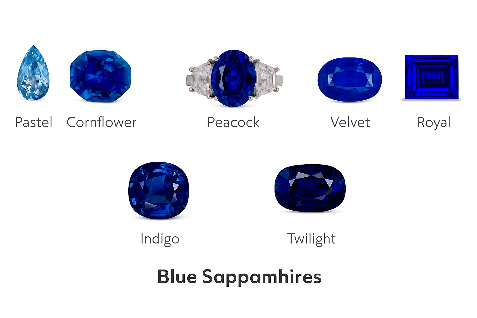 Line of blue sapphires ranging from light to dark on a gemstone tray”