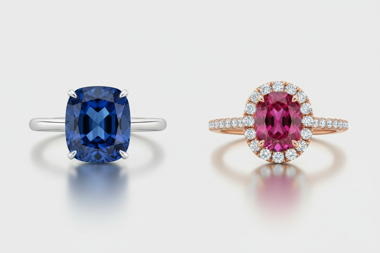 Blue sapphire vs pink sapphire comparison showing color, brilliance, and ring styles
