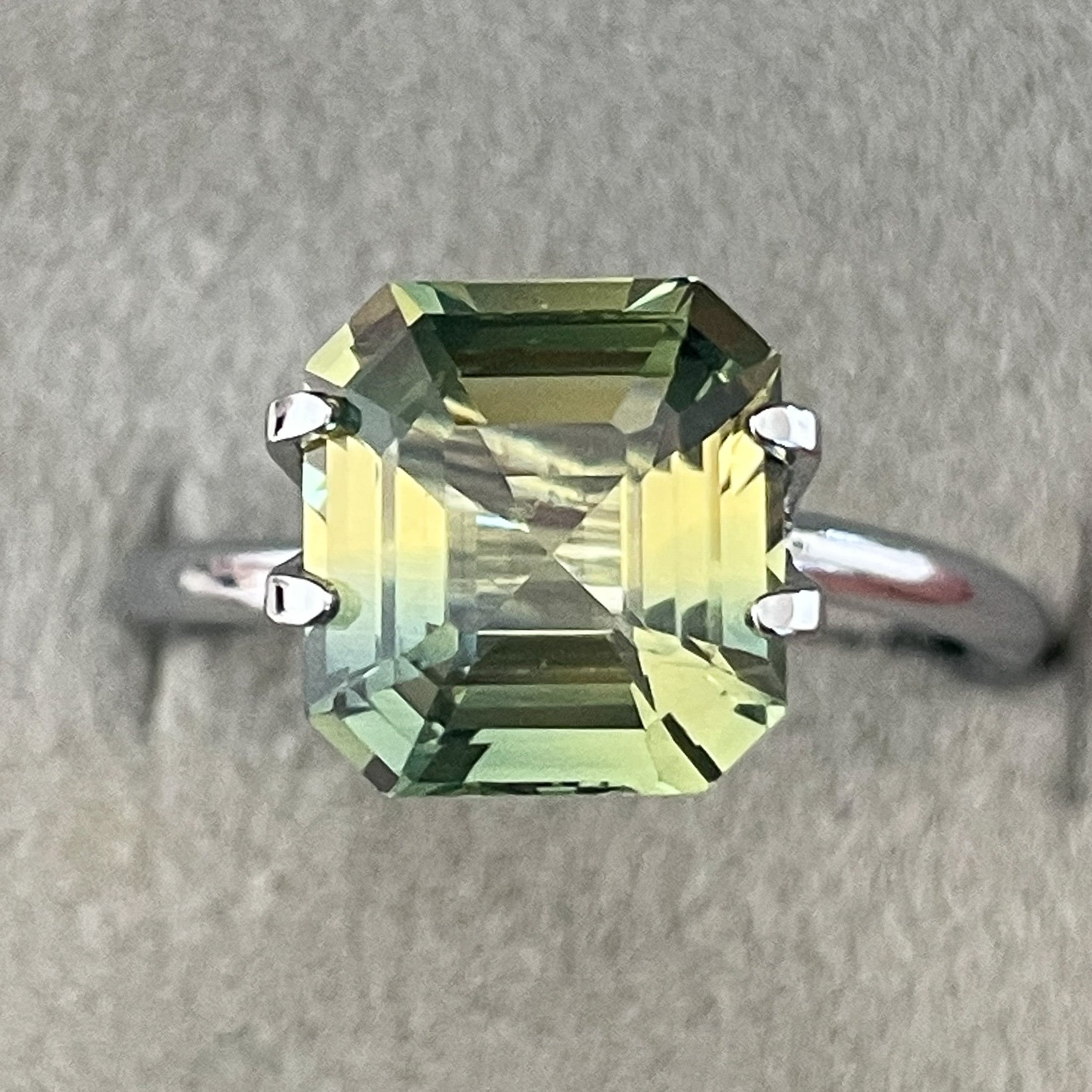 Teal bi-color Parti sapphire, 4.02 Ct Asscher emerald cut, loose gemstone with green and yellow hues, by NASHGEMS.