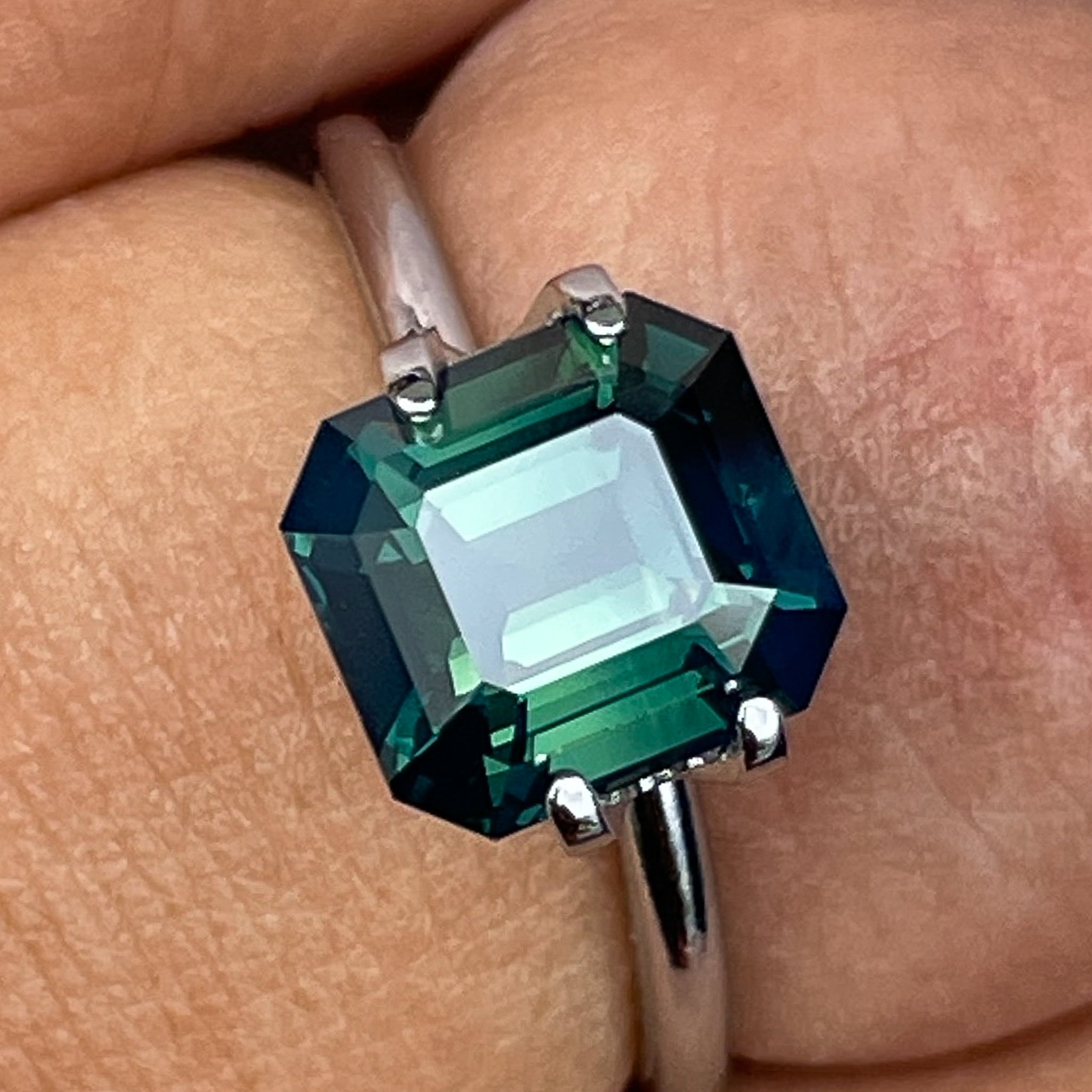 Natural forest green sapphire 3.59 ct teal emerald cut loose gemstone from NASHGEMS, ideal for custom engagement rings.