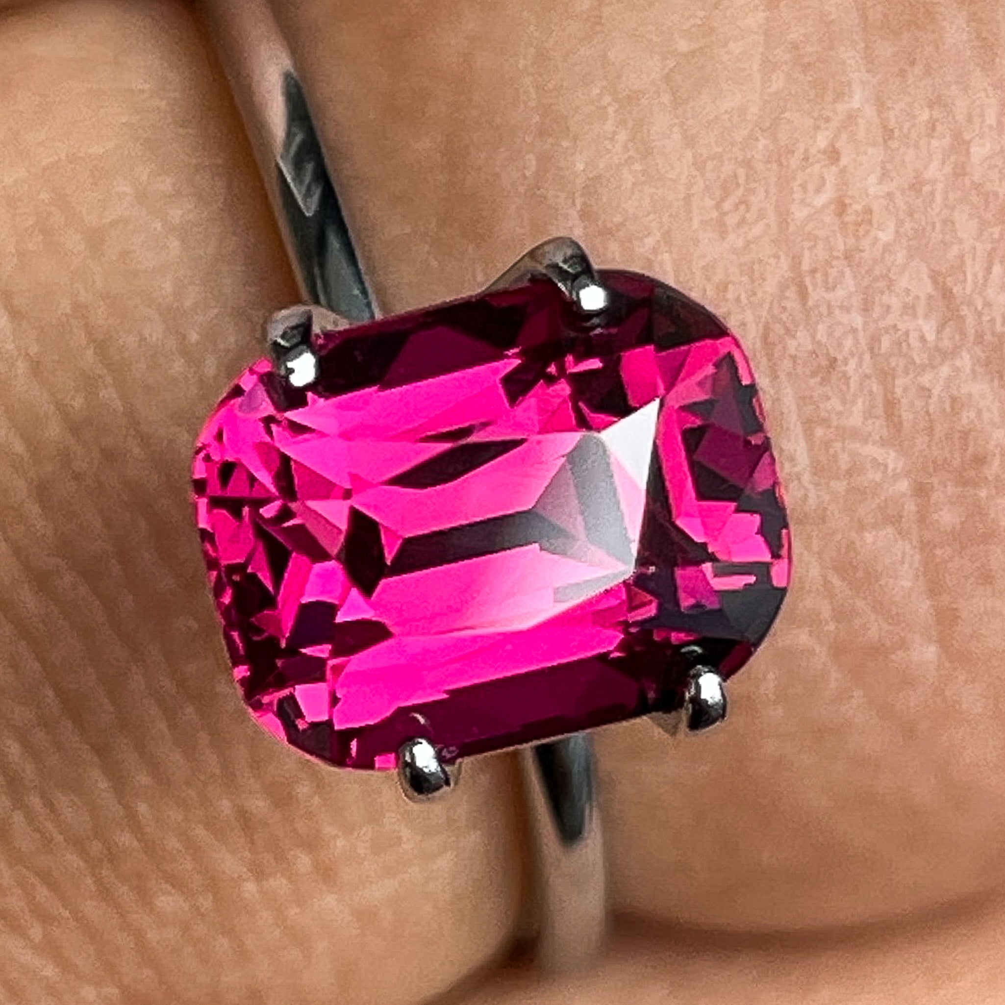 Natural Rhodolite Garnet 3.39 Ct cushion cut loose gemstone in raspberry red, VVS clarity, for engagement rings.