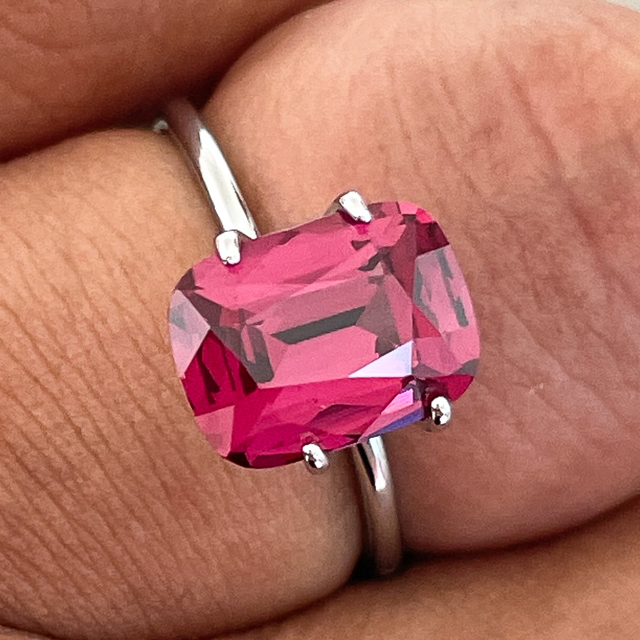 Natural Rhodolite Garnet 3.52 Ct cushion cut gemstone in raspberry red, VVS clarity, loose garnet for engagement jewelry.