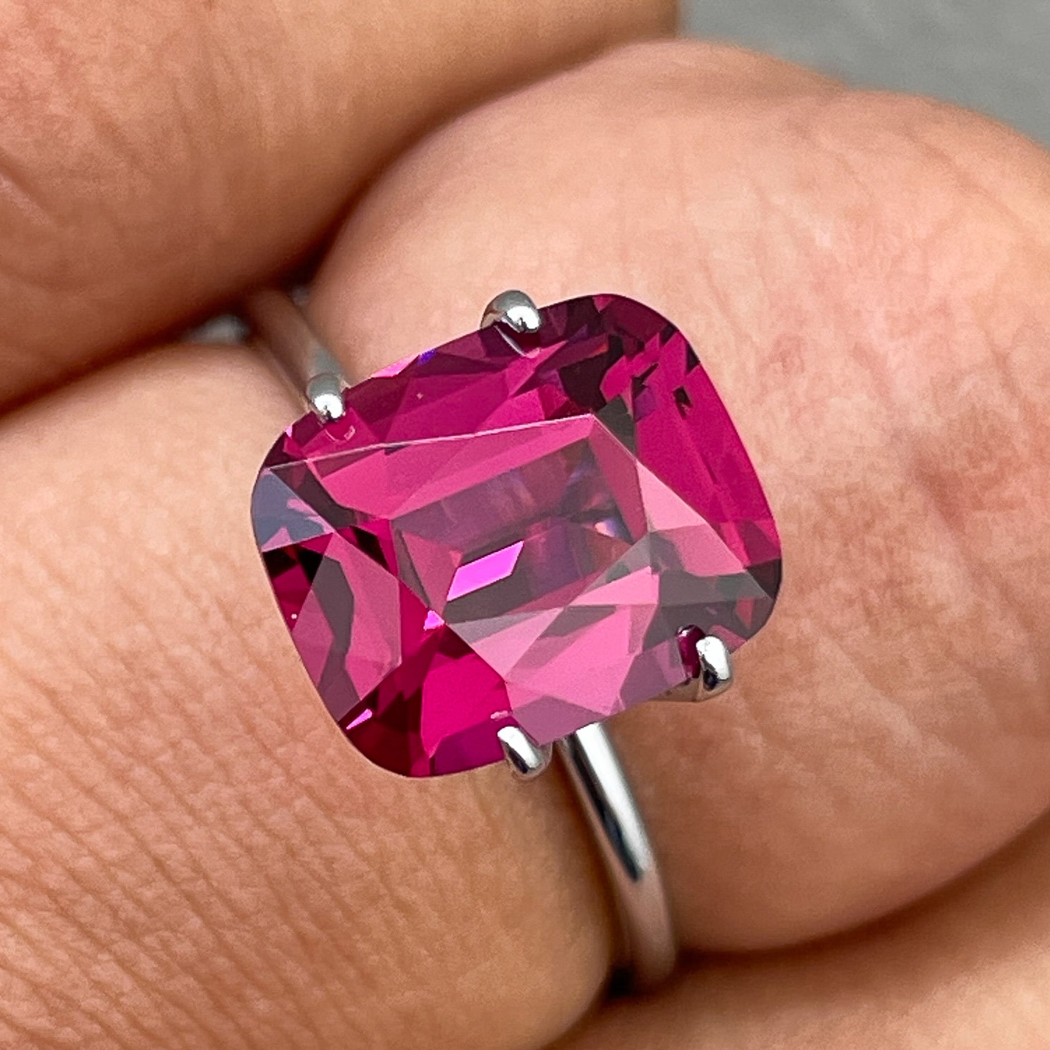 Natural Rhodolite Garnet 4.14 Ct cushion cut loose gemstone in raspberry red for engagement rings by NASHGEMS.