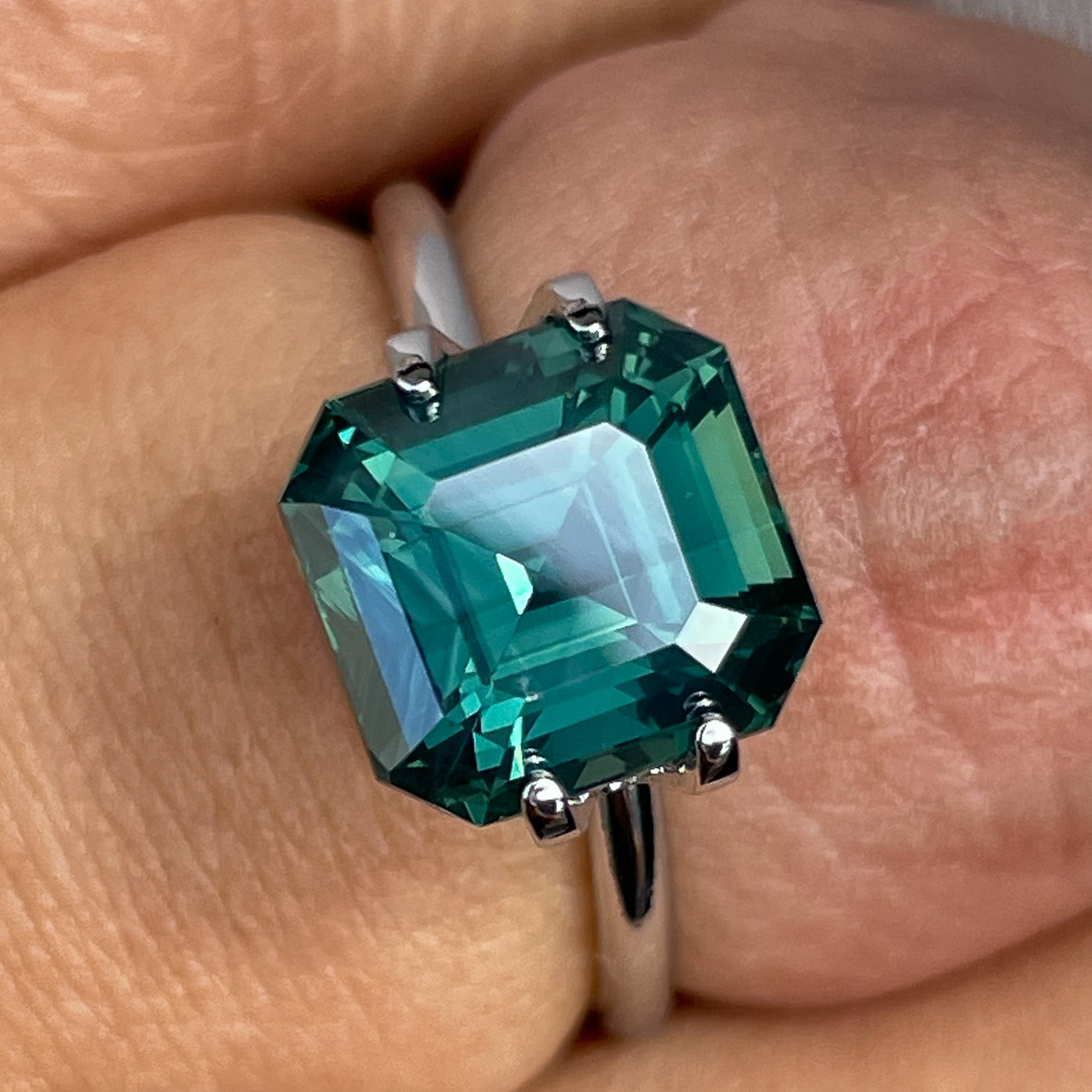 Teal green sapphire 5.08 Ct Asscher emerald cut by NASHGEMS, loose gemstone for engagement or custom jewelry.