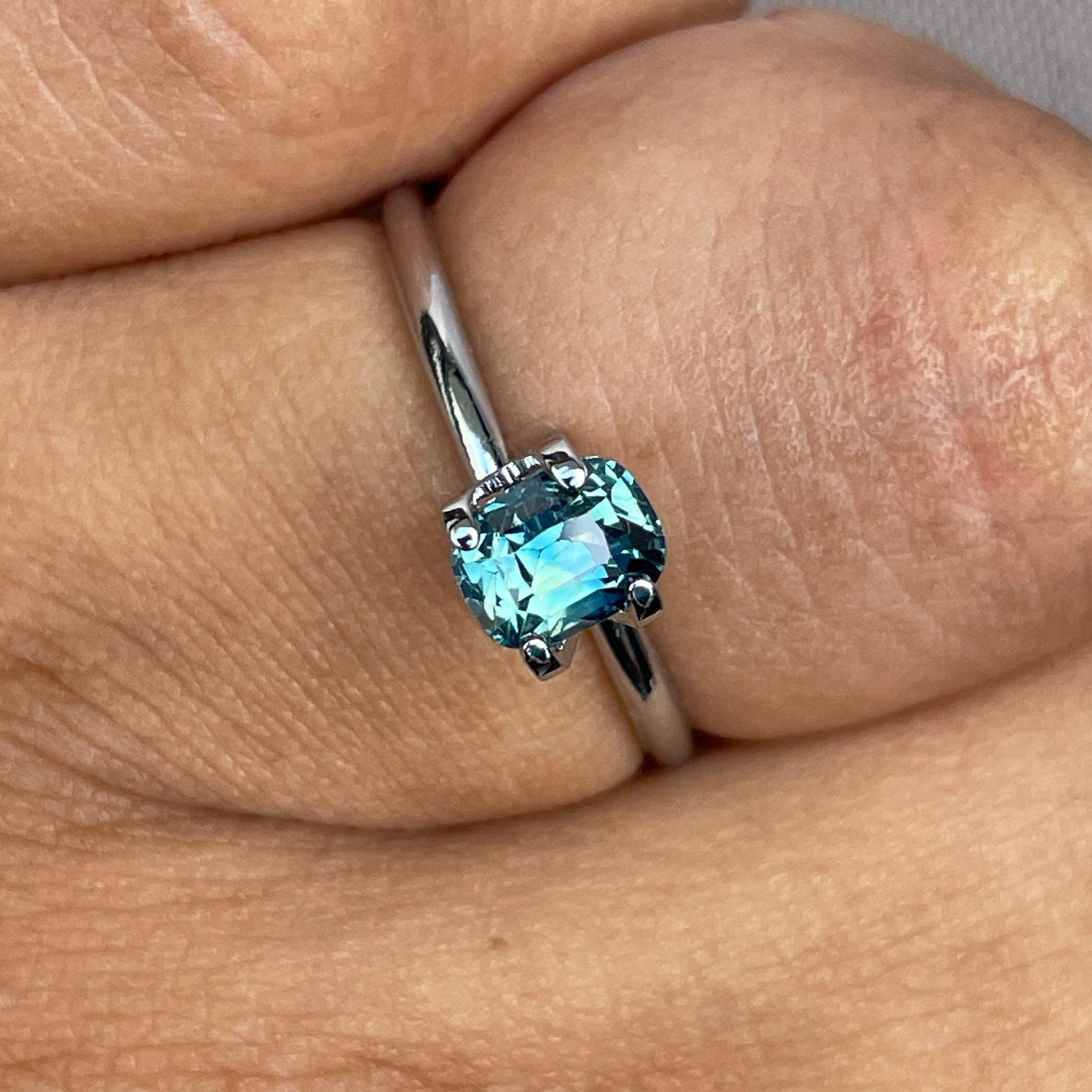 teal blue green parti sapphire cushion cut gem