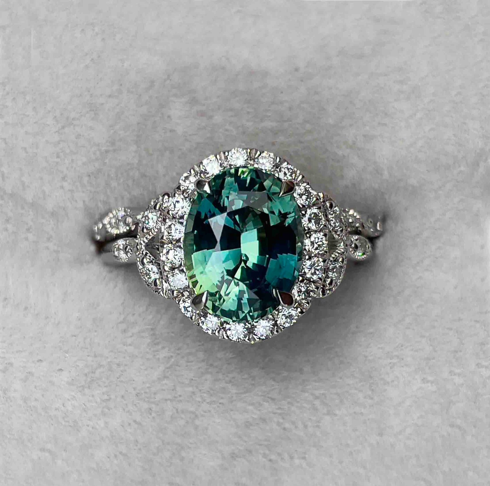 teal blue green sapphire custom ring