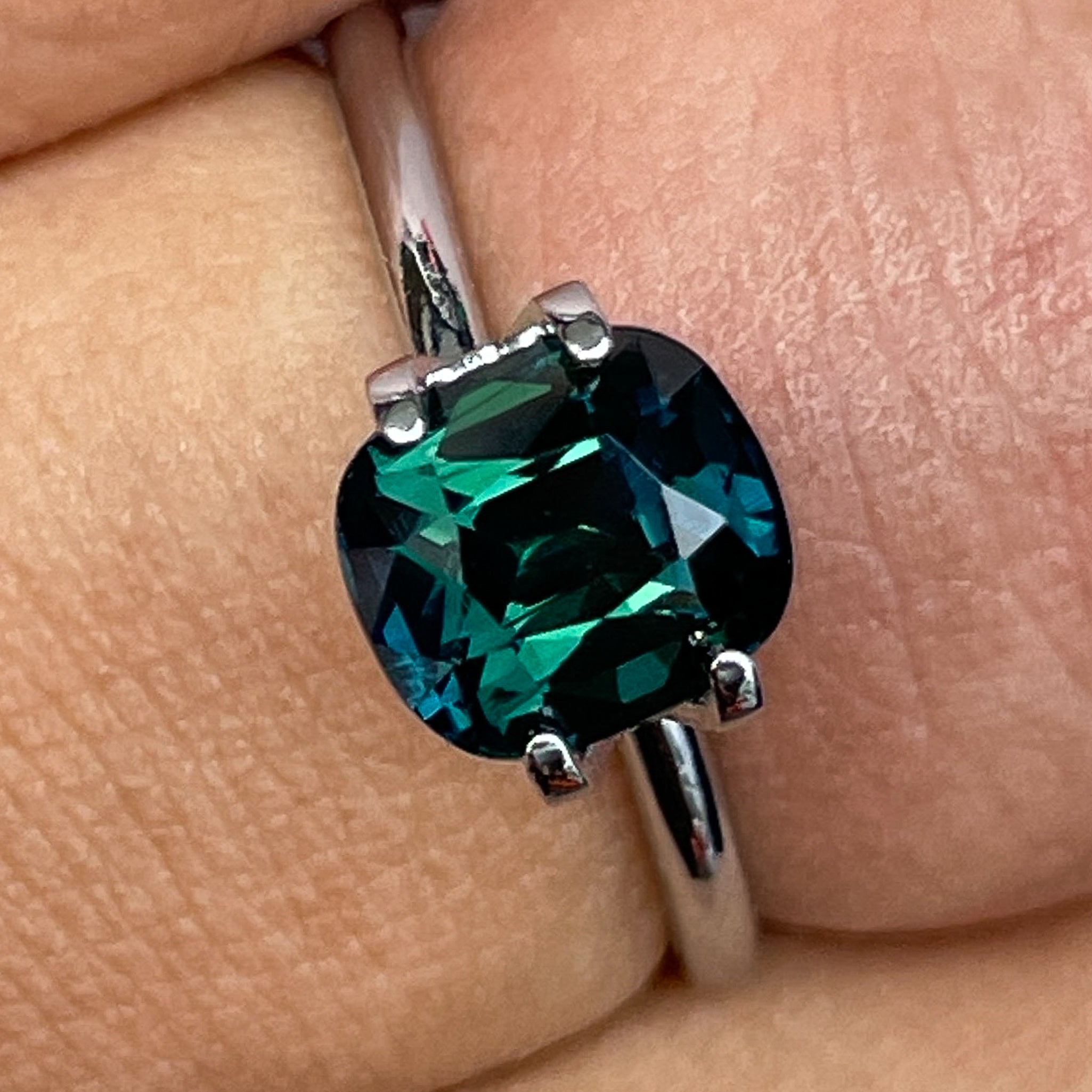 Natural forest green sapphire, 2.56 Ct cushion cut teal blue-green loose sapphire from NASHGEMS for engagement or custom jewelry.