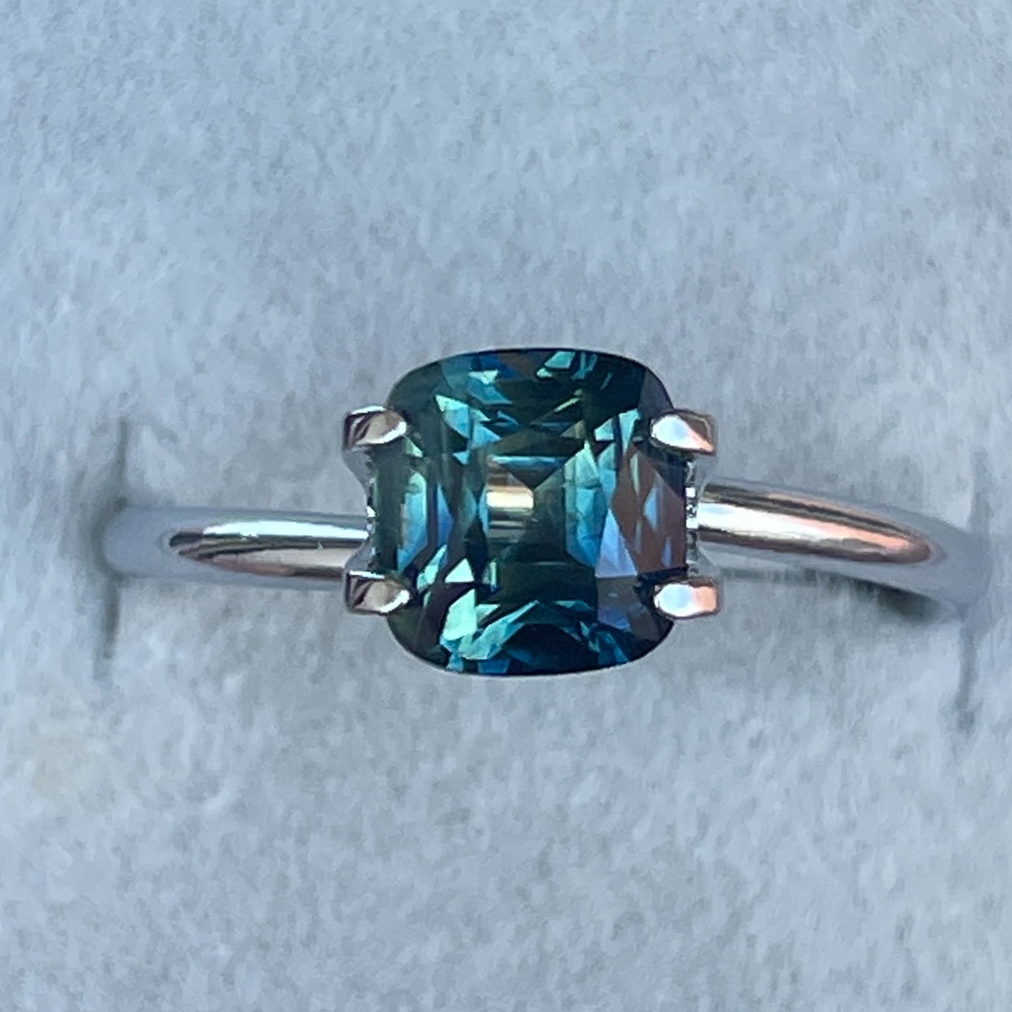 Teal cushion cut sapphire, 2.14 carats, no heat, loose blue-green gemstone from NASHGEMS for jewelry or engagement rings.