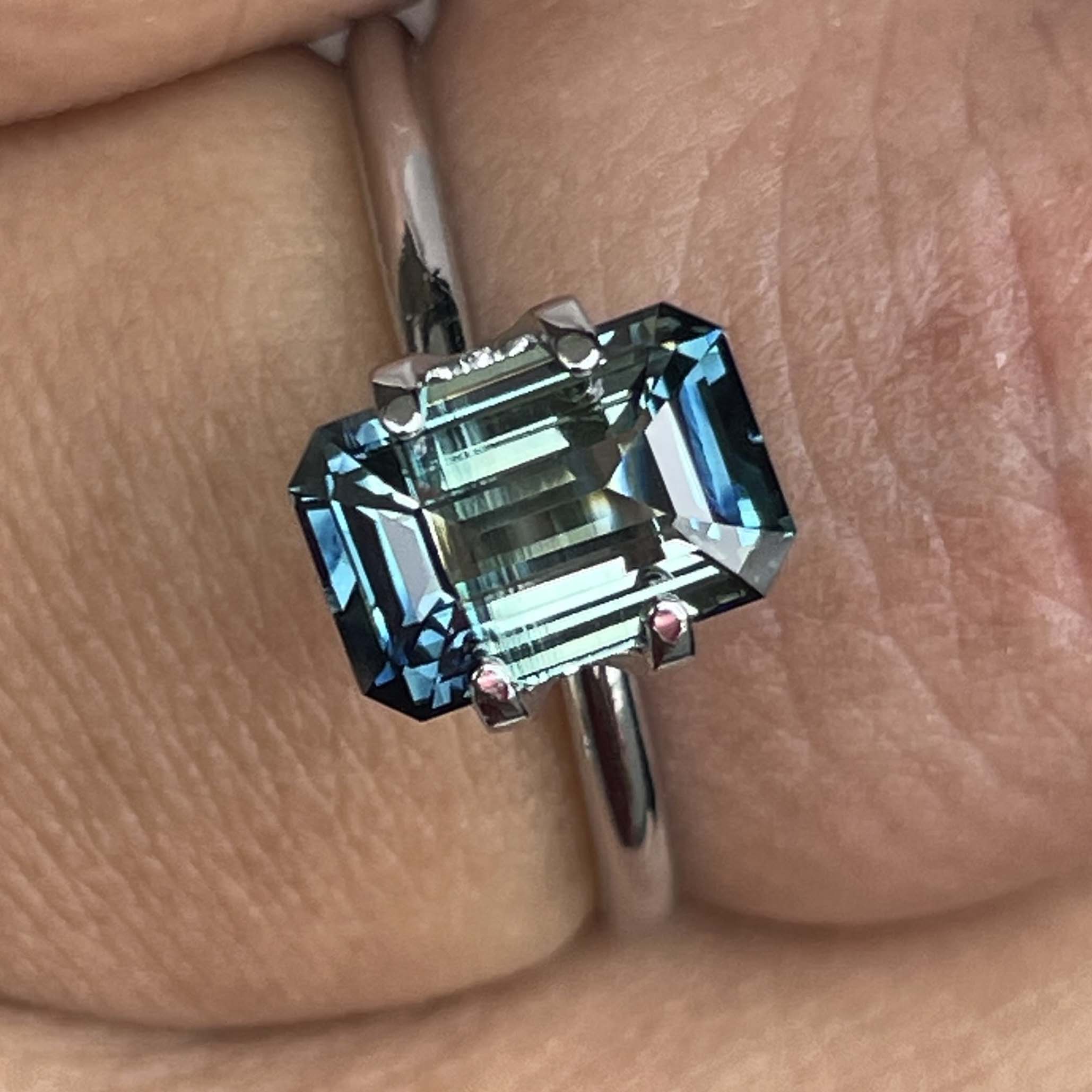 Teal natural bi-color sapphire with 2.07 ct emerald cut, no heat blue-green sapphire for engagement rings, by NASHGEMS.