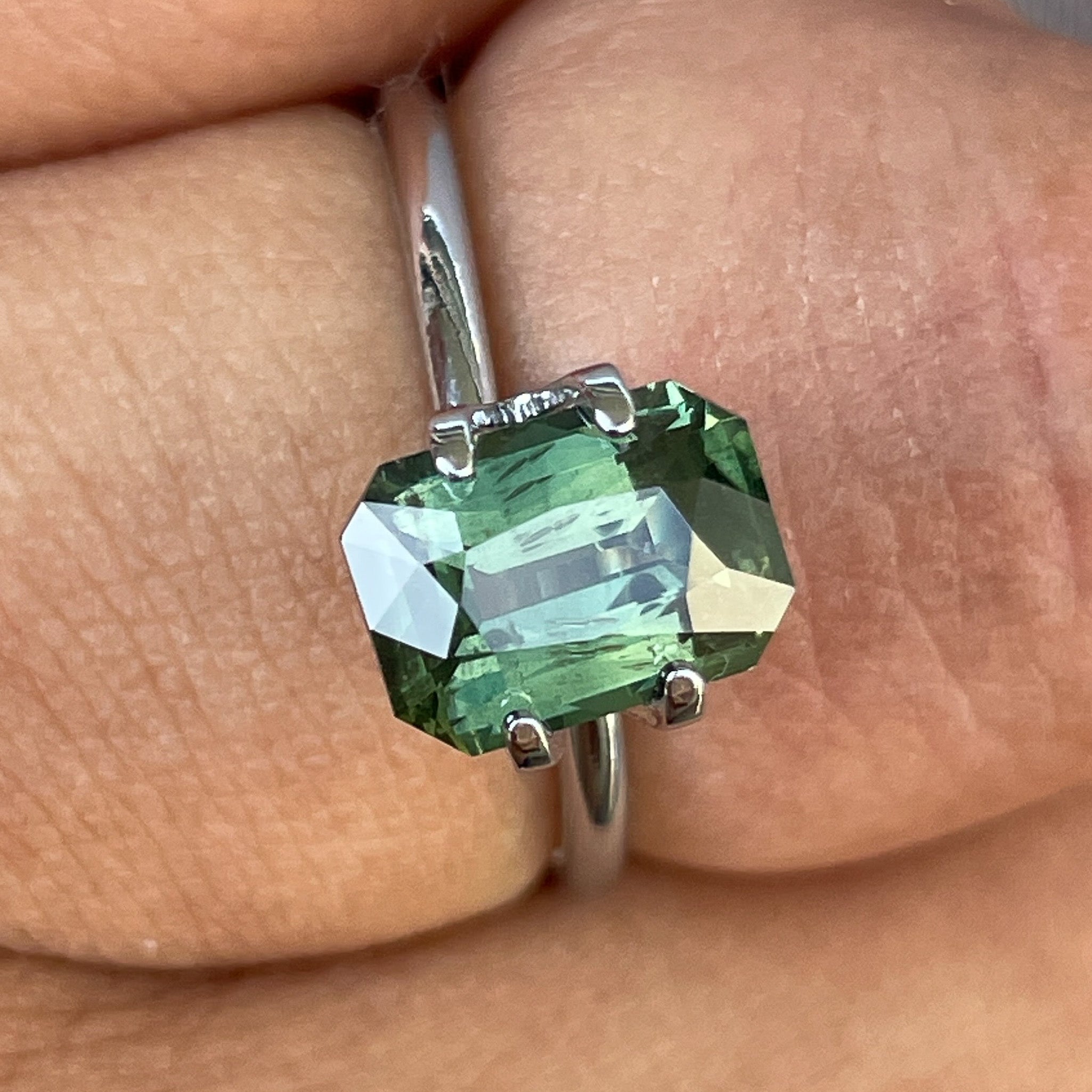 Teal Natural Green Sapphire 2.36 Ct radiant cut, heat treated loose gemstone by NASHGEMS for engagement or custom jewelry.