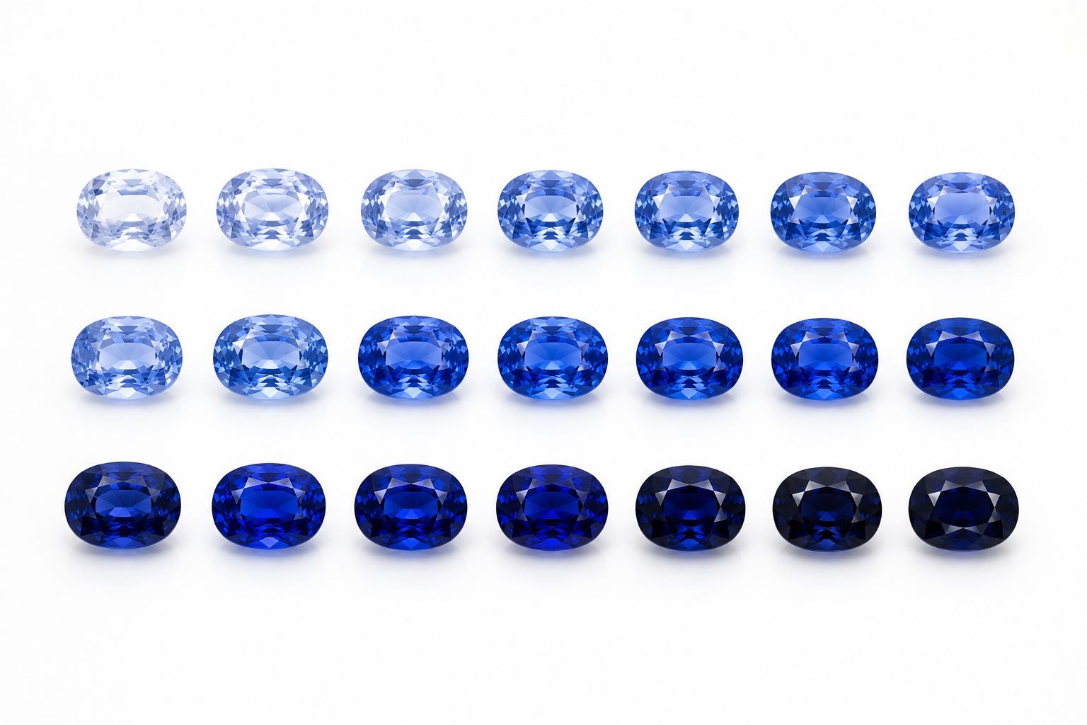Collection of natural blue sapphires displaying different blue shades.