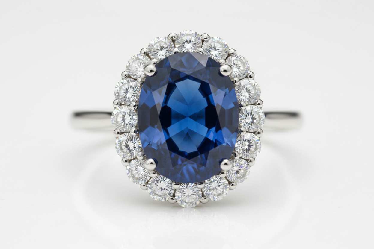 Kate Middleton blue sapphire engagement ring replica with oval Ceylon sapphire and diamond halo