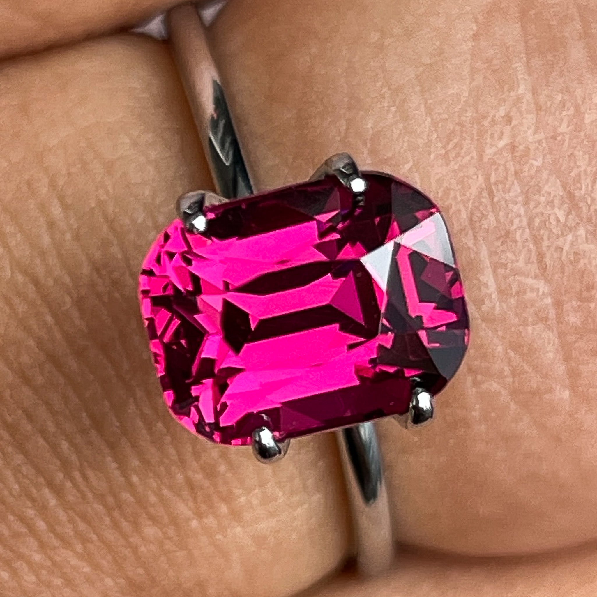 Natural Rhodolite Garnet 3.39 Ct cushion cut loose gemstone in raspberry red for engagement rings, by NASHGEMS.