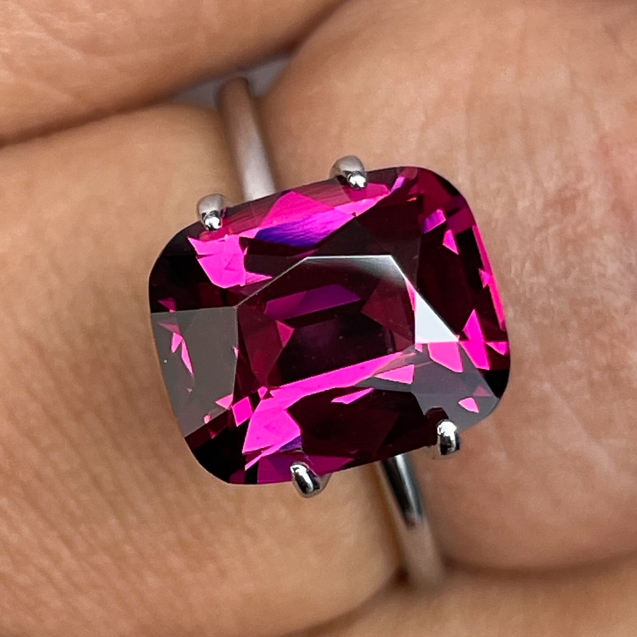 Natural Rhodolite Garnet 4.14 Ct cushion cut loose gemstone in vibrant raspberry red, ideal for engagement rings.