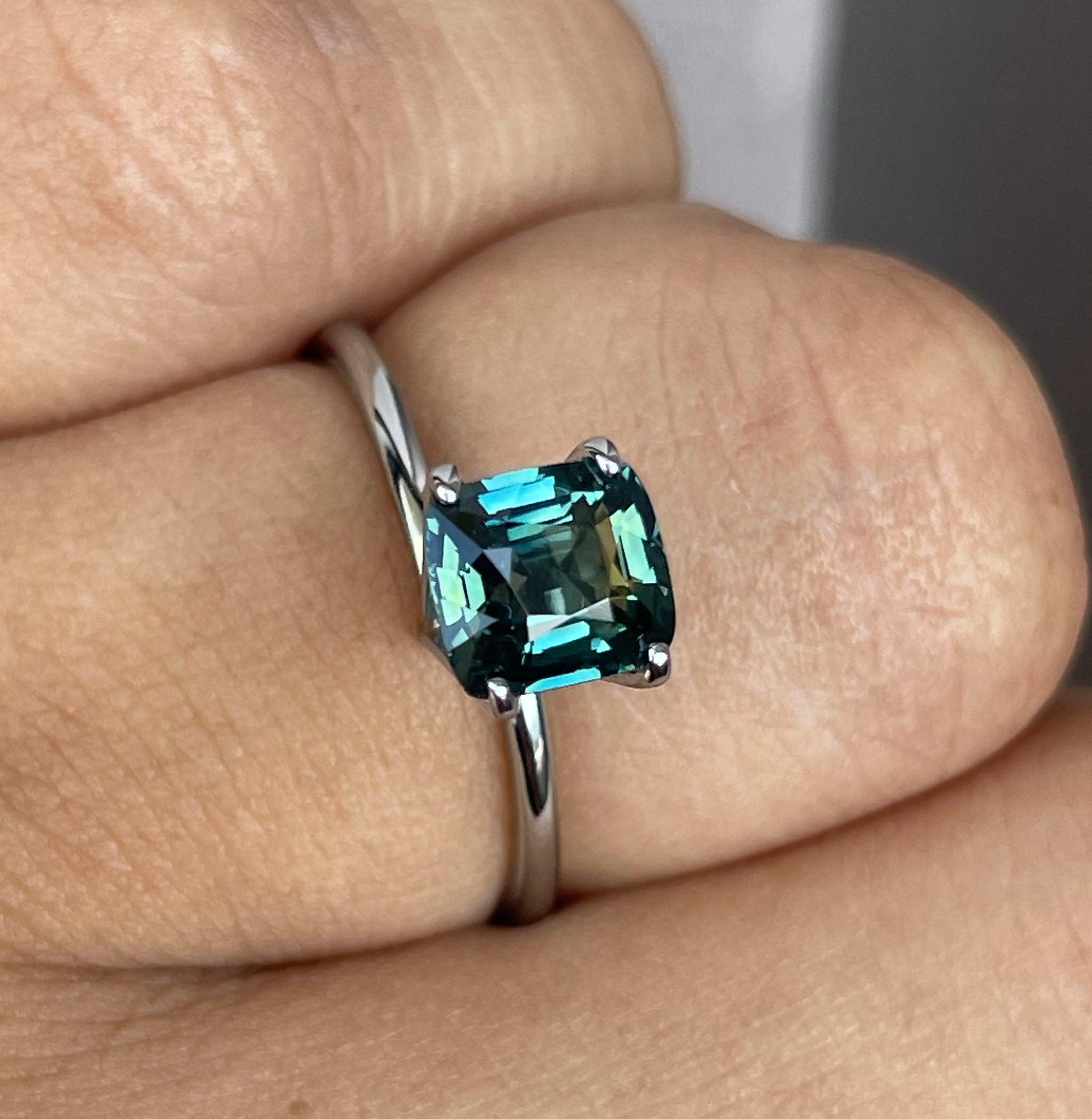 1.60 ct Unique teal sapphire, precious gemstone in Cushion cut from Madagascar for custom handmade engagement ring, Bicolour green blue ring