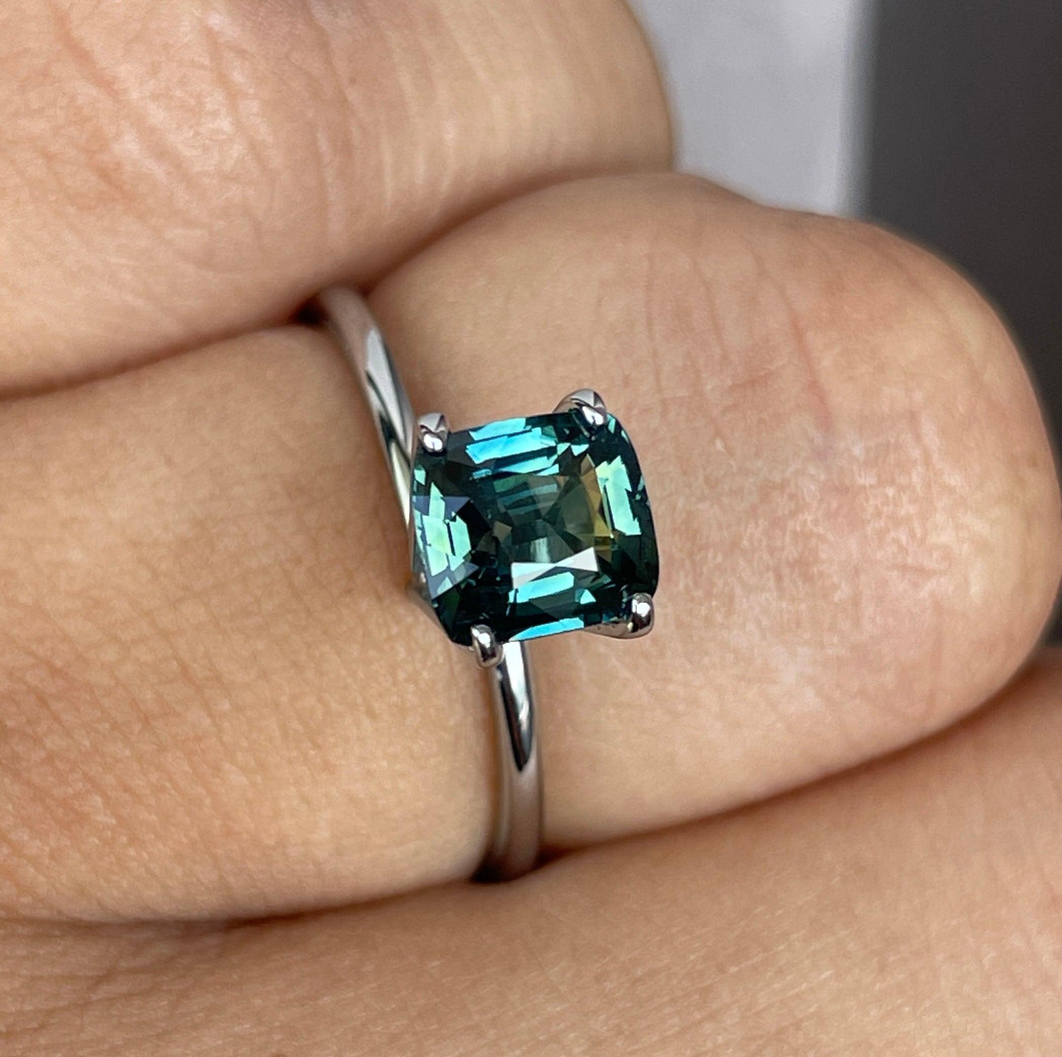 1.60 ct Unique teal sapphire, precious gemstone in Cushion cut from Madagascar for custom handmade engagement ring, Bicolour green blue ring