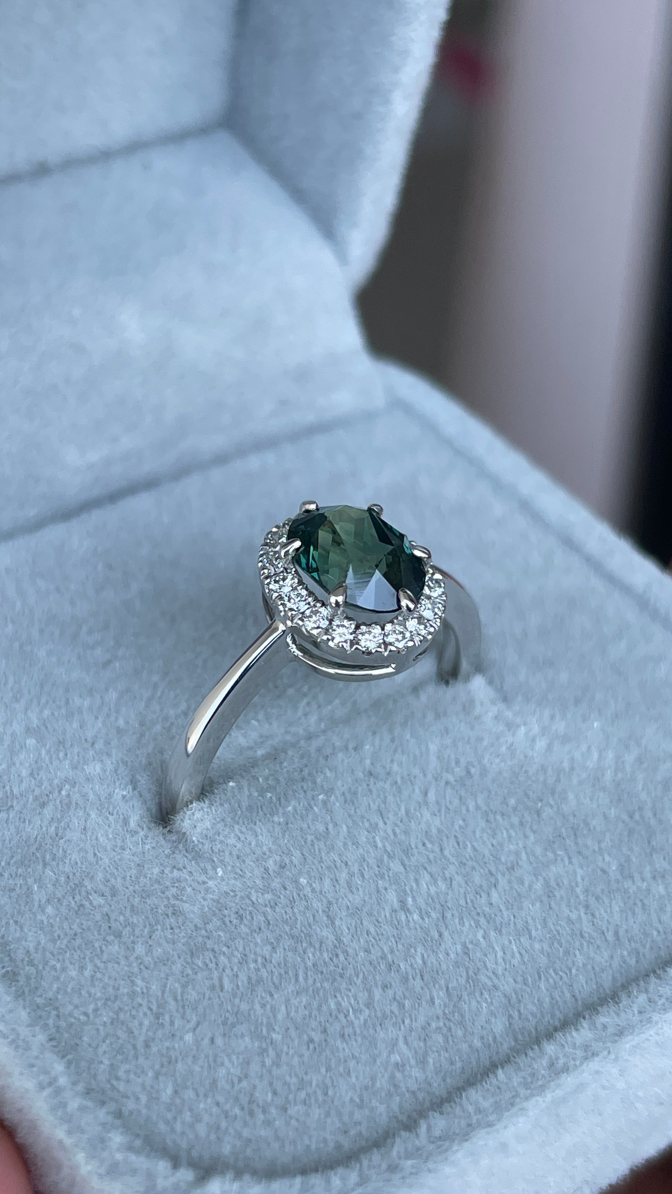 Natural Teal Sapphire Ring, Solid 14k White Gold Engagement Ring, Natural Diamond halo, Timeless Design Jewelry