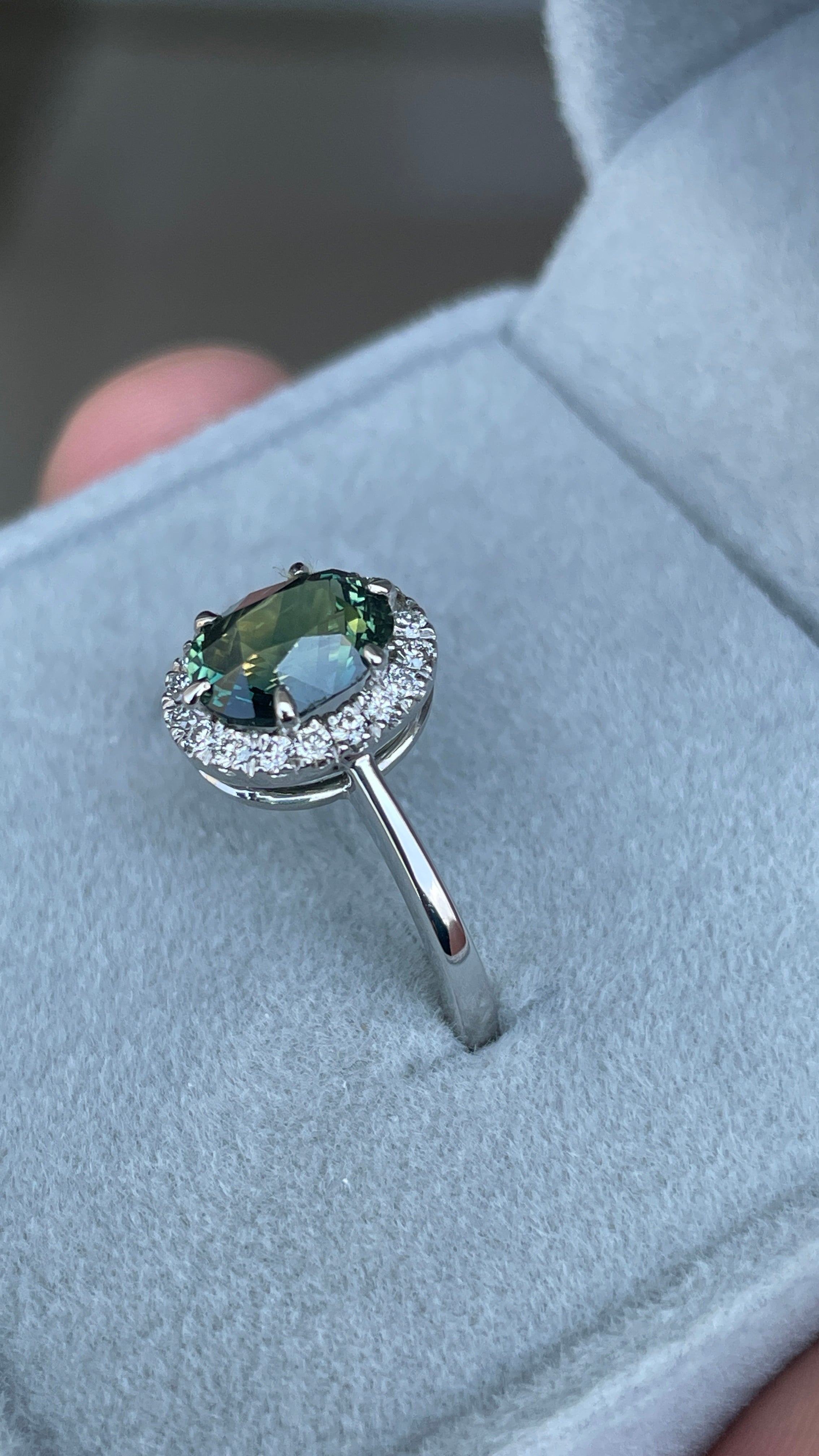 Natural Teal Sapphire Ring, Solid 14k White Gold Engagement Ring, Natural Diamond halo, Timeless Design Jewelry