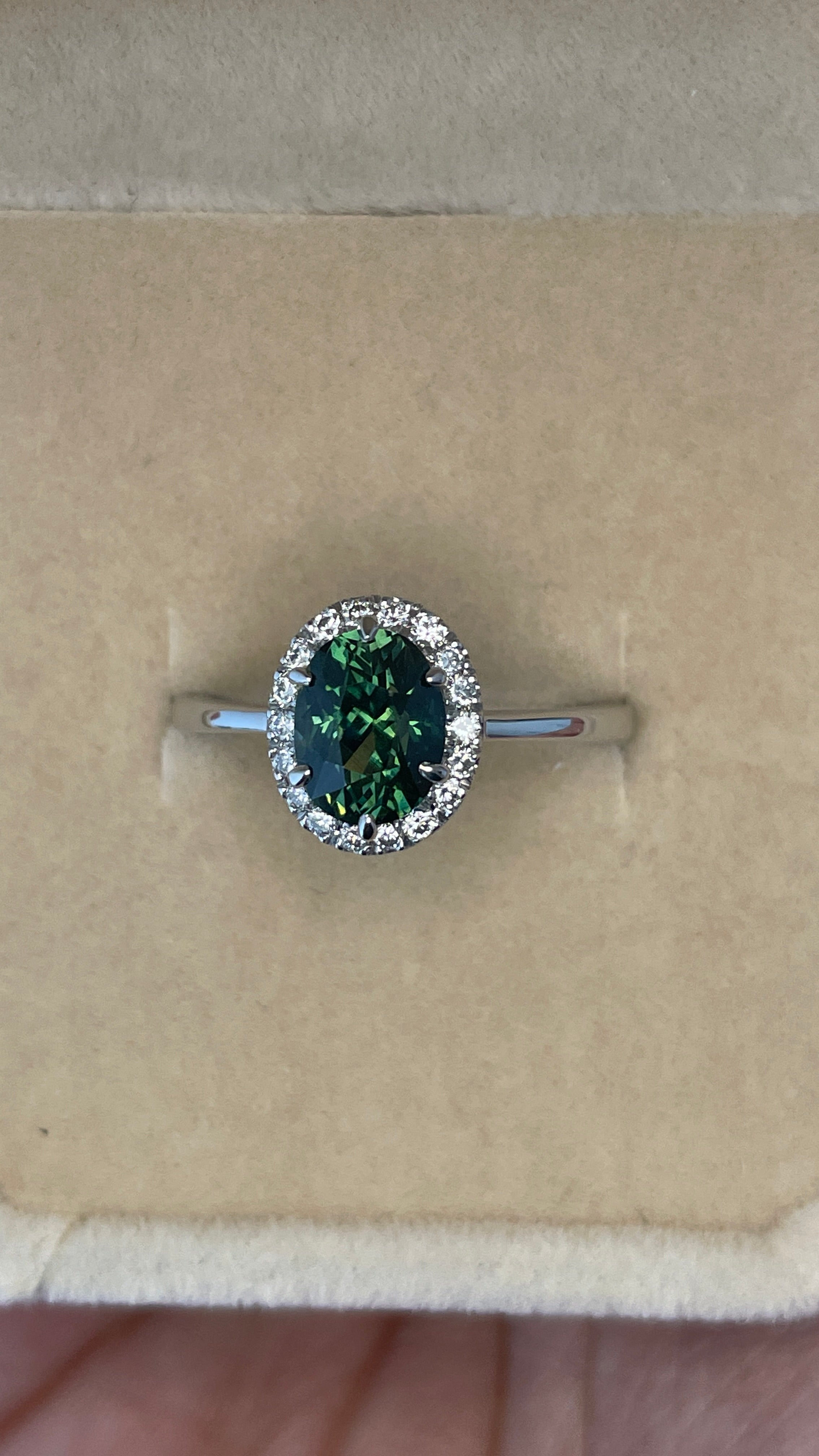 Natural Teal Sapphire Ring, Solid 14k White Gold Engagement Ring, Natural Diamond halo, Timeless Design Jewelry