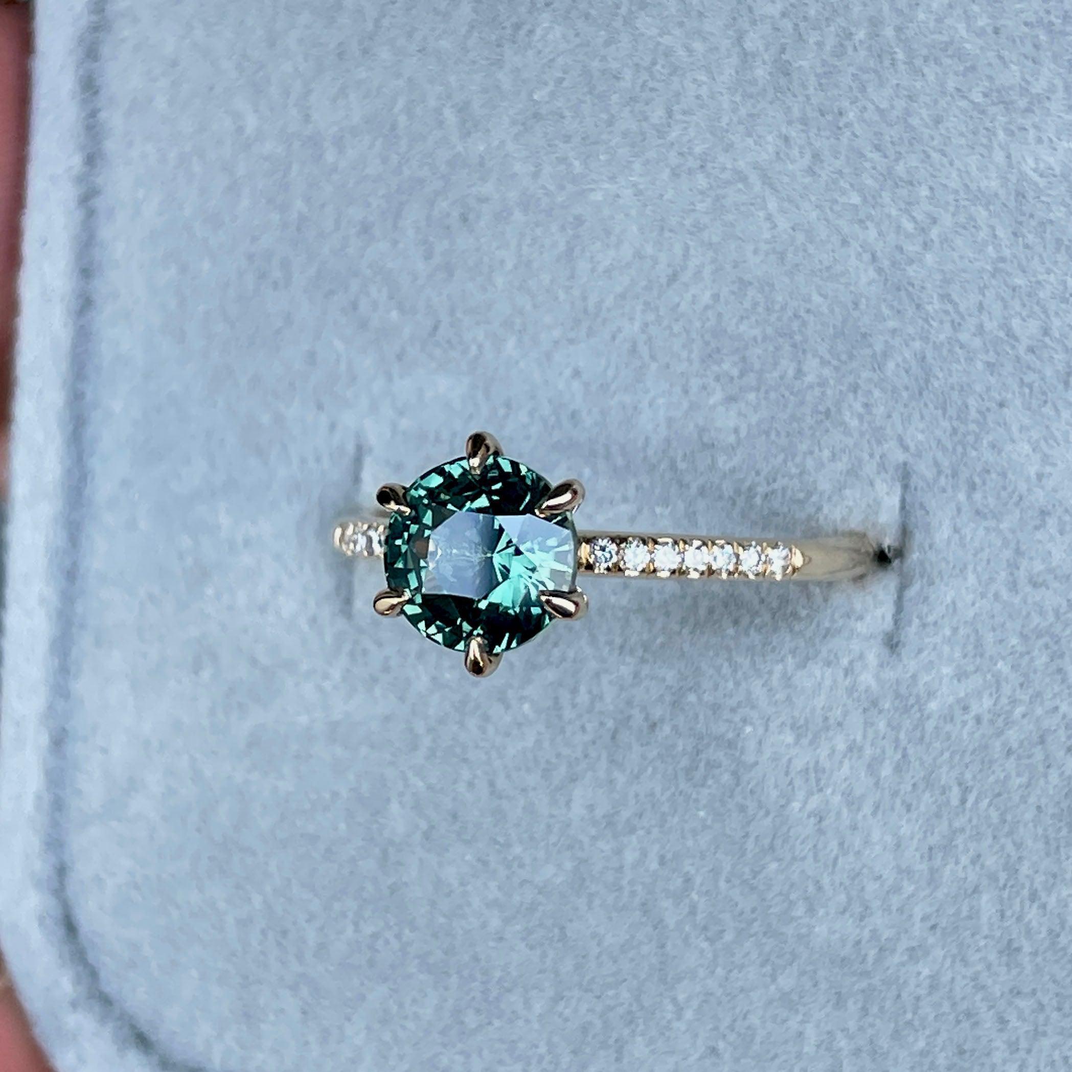 Teal Blue Green Sapphire and Diamond hidden halo Ring - NASHGEMS