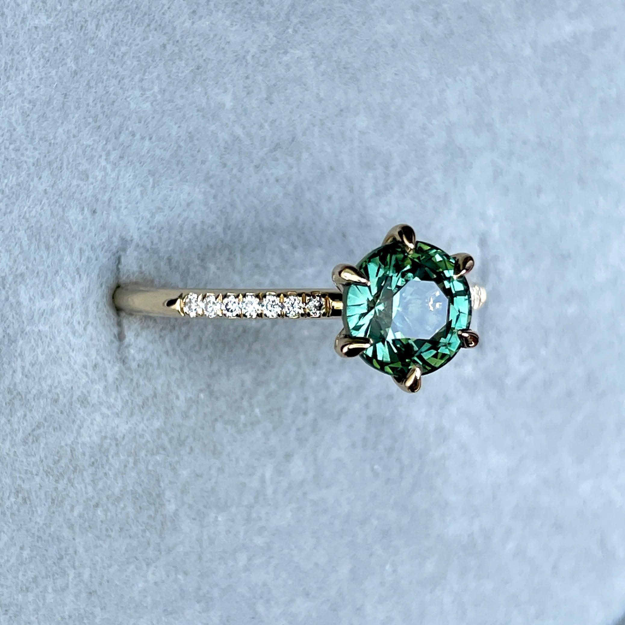 Teal Blue Green Sapphire and Diamond hidden halo Ring - NASHGEMS