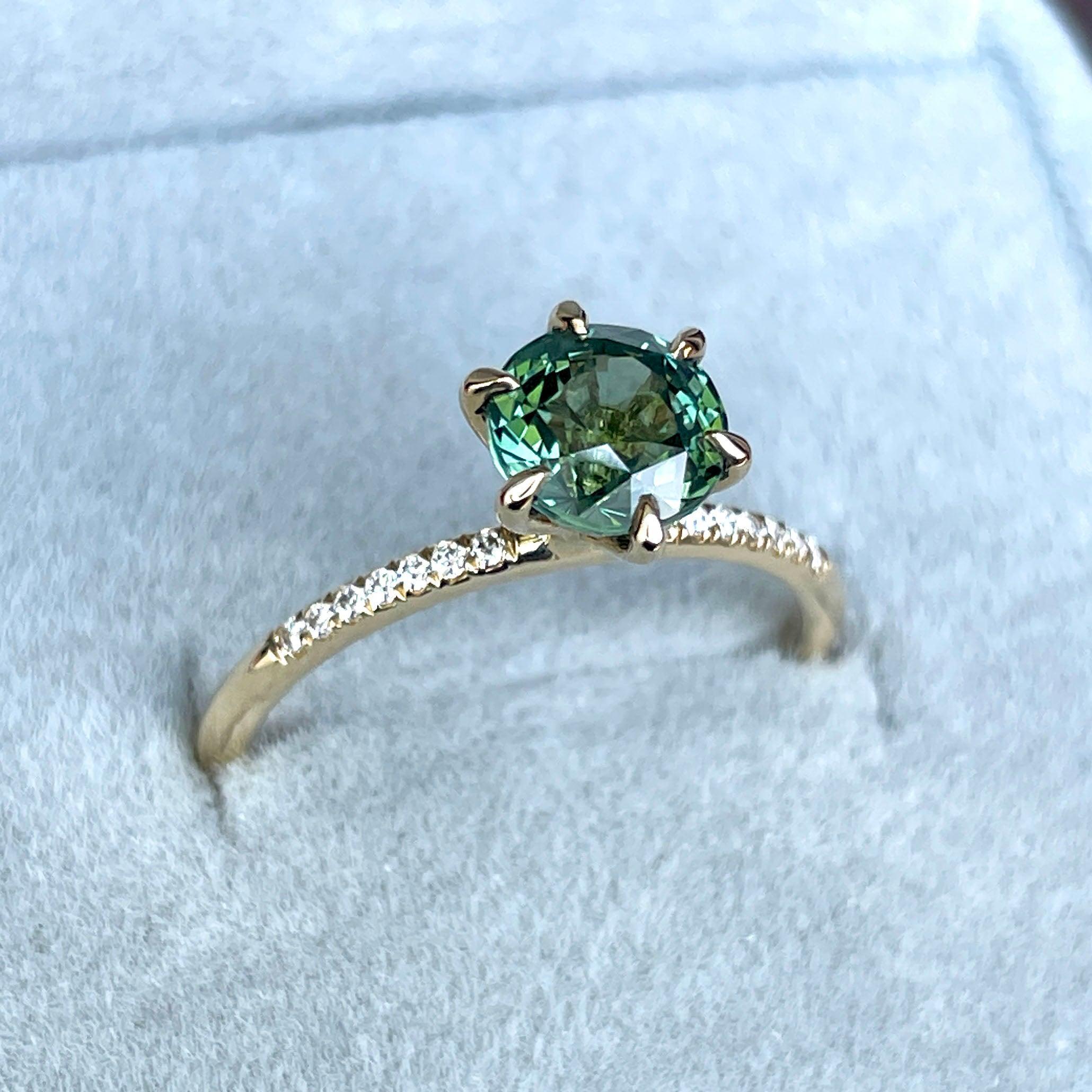 Teal Blue Green Sapphire and Diamond hidden halo Ring - NASHGEMS