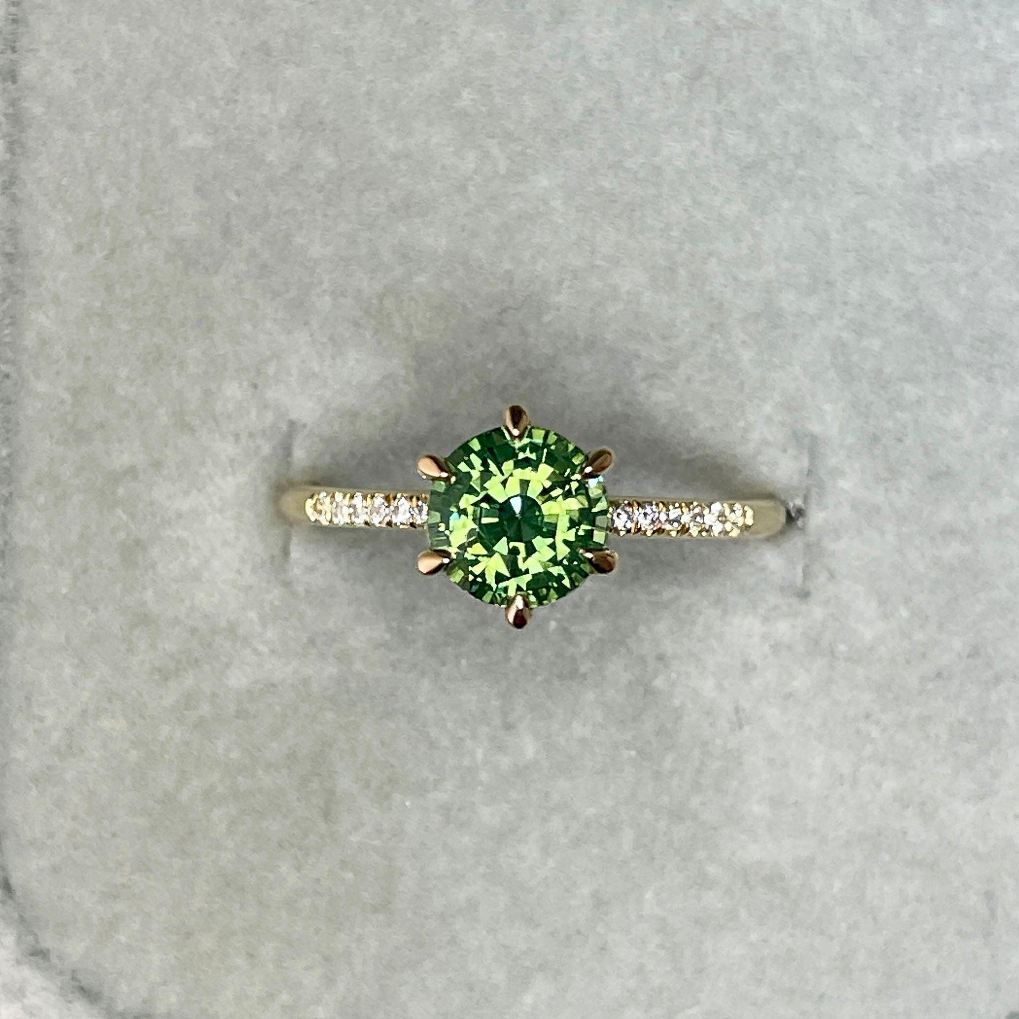 Teal Blue Green Sapphire and Diamond hidden halo Ring