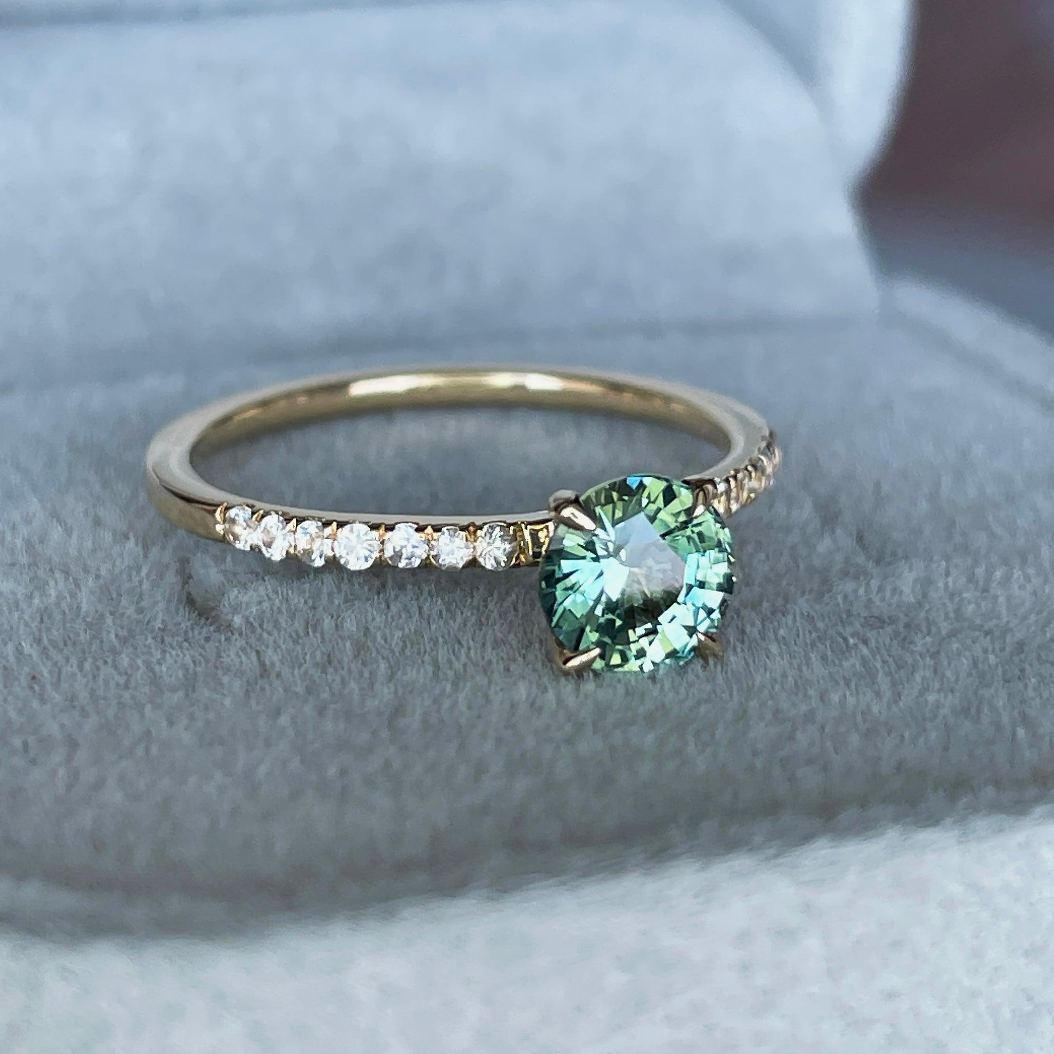 Round Cut Teal Sapphire Engagement Ring, Yellow Gold Peacock Sapphire hidden halo Ring, Teal Sapphire Wedding Ring - NASHGEMS