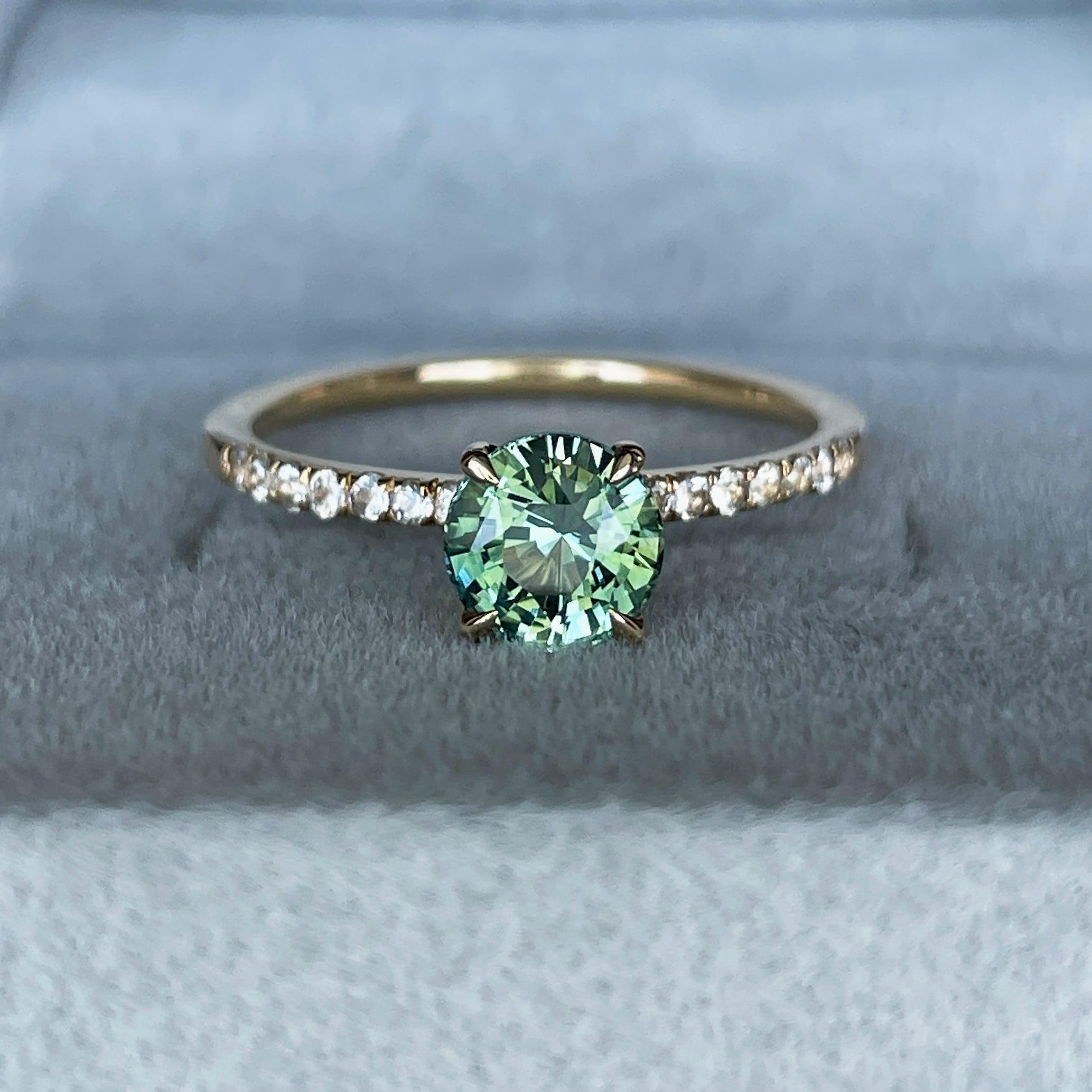 Round Cut Teal Sapphire Engagement Ring, Yellow Gold Peacock Sapphire hidden halo Ring, Teal Sapphire Wedding Ring