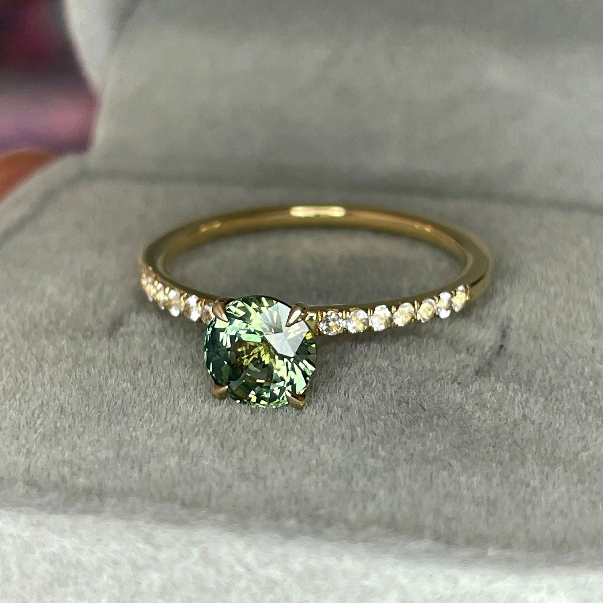 Round Cut Teal Sapphire Engagement Ring, Yellow Gold Peacock Sapphire hidden halo Ring, Teal Sapphire Wedding Ring - NASHGEMS