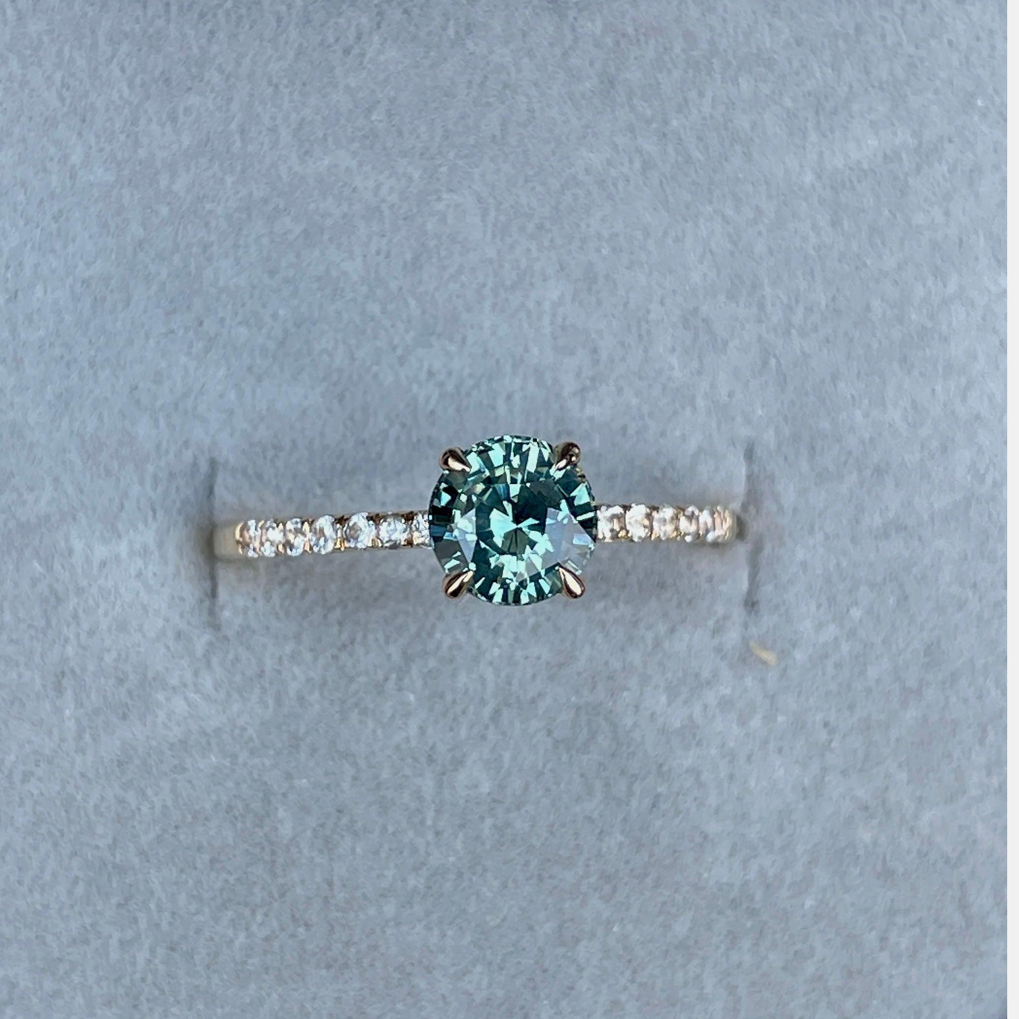 Round Cut Teal Sapphire Engagement Ring, Yellow Gold Peacock Sapphire hidden halo Ring, Teal Sapphire Wedding Ring