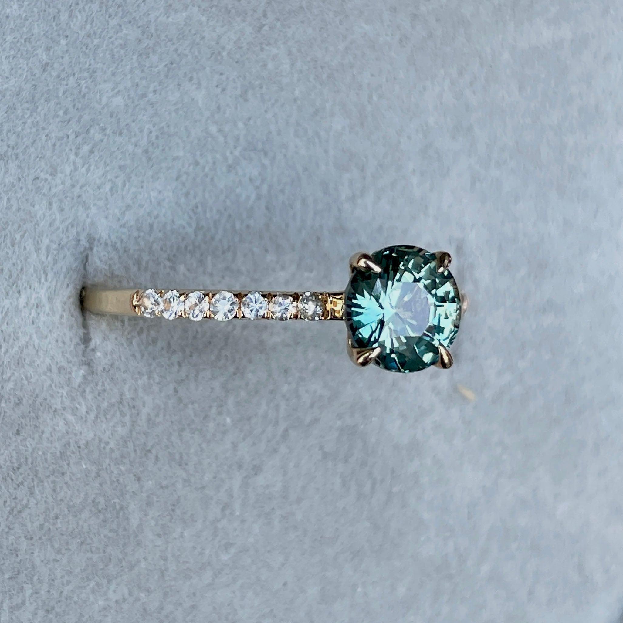 Round Cut Teal Sapphire Engagement Ring, Yellow Gold Peacock Sapphire hidden halo Ring, Teal Sapphire Wedding Ring - NASHGEMS