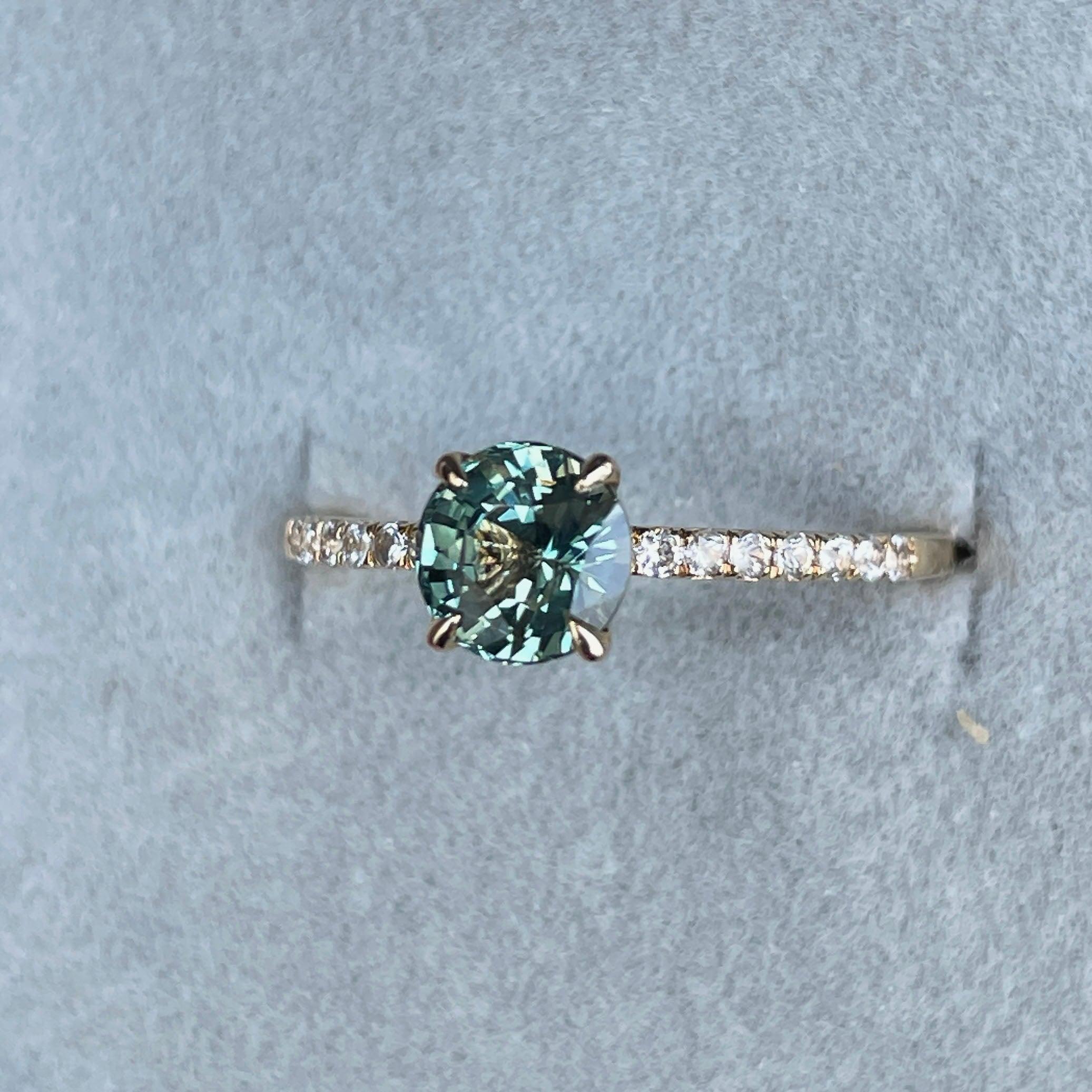 Round Cut Teal Sapphire Engagement Ring, Yellow Gold Peacock Sapphire hidden halo Ring, Teal Sapphire Wedding Ring