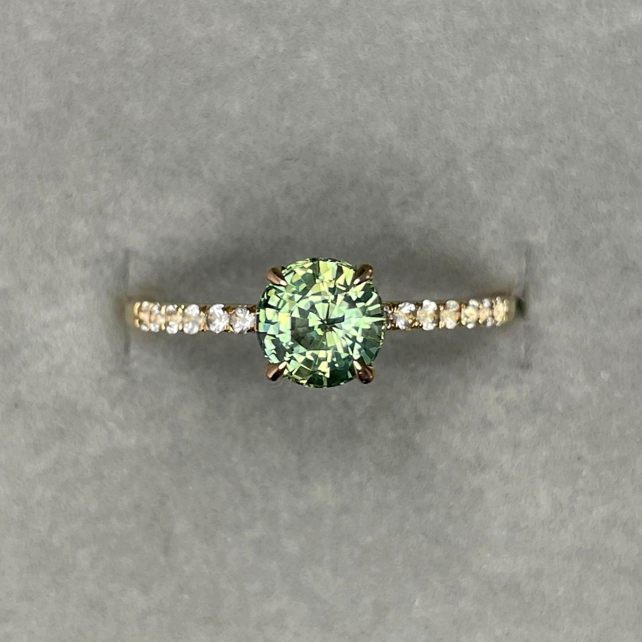 Round Cut Teal Sapphire Engagement Ring, Yellow Gold Peacock Sapphire hidden halo Ring, Teal Sapphire Wedding Ring