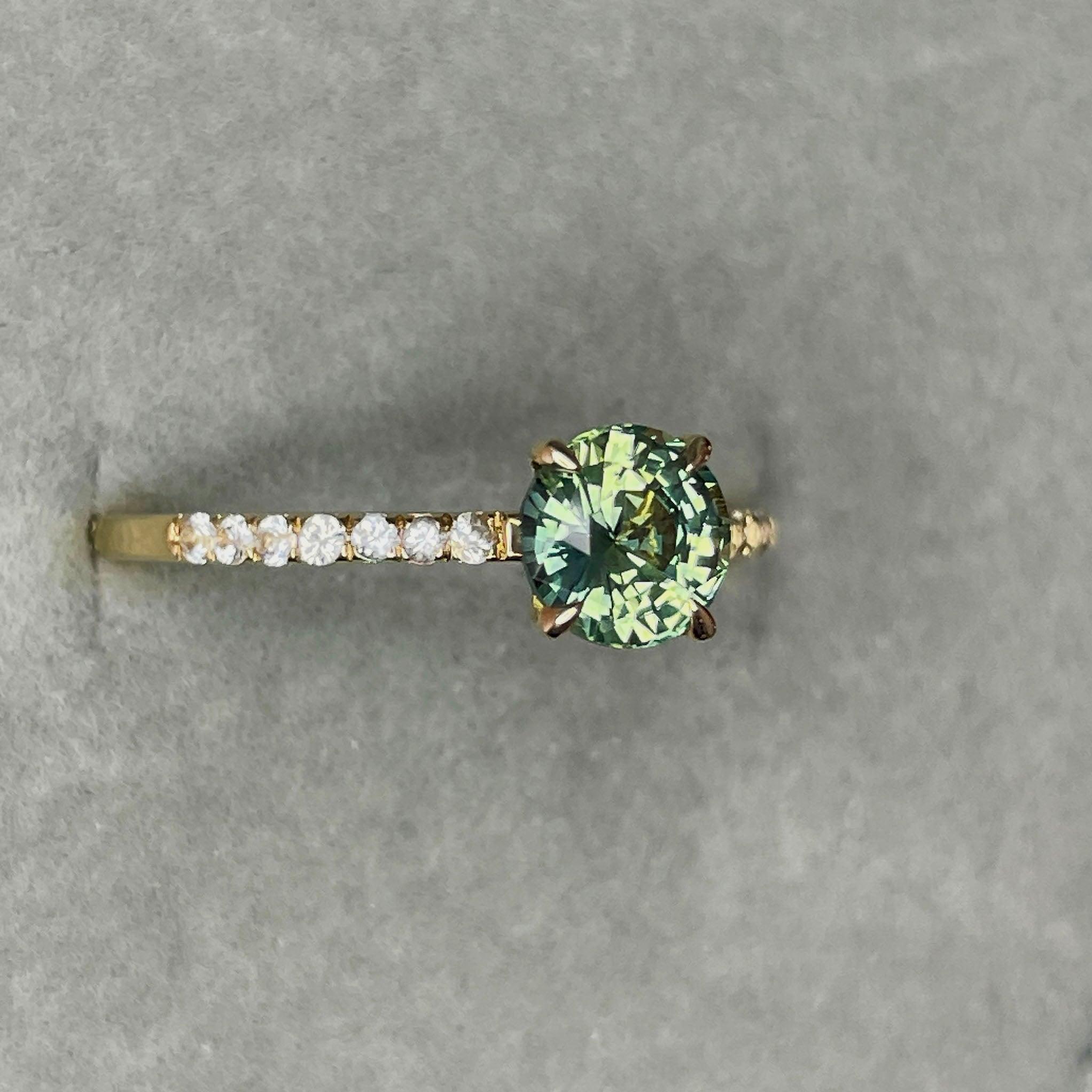 Round Cut Teal Sapphire Engagement Ring, Yellow Gold Peacock Sapphire hidden halo Ring, Teal Sapphire Wedding Ring