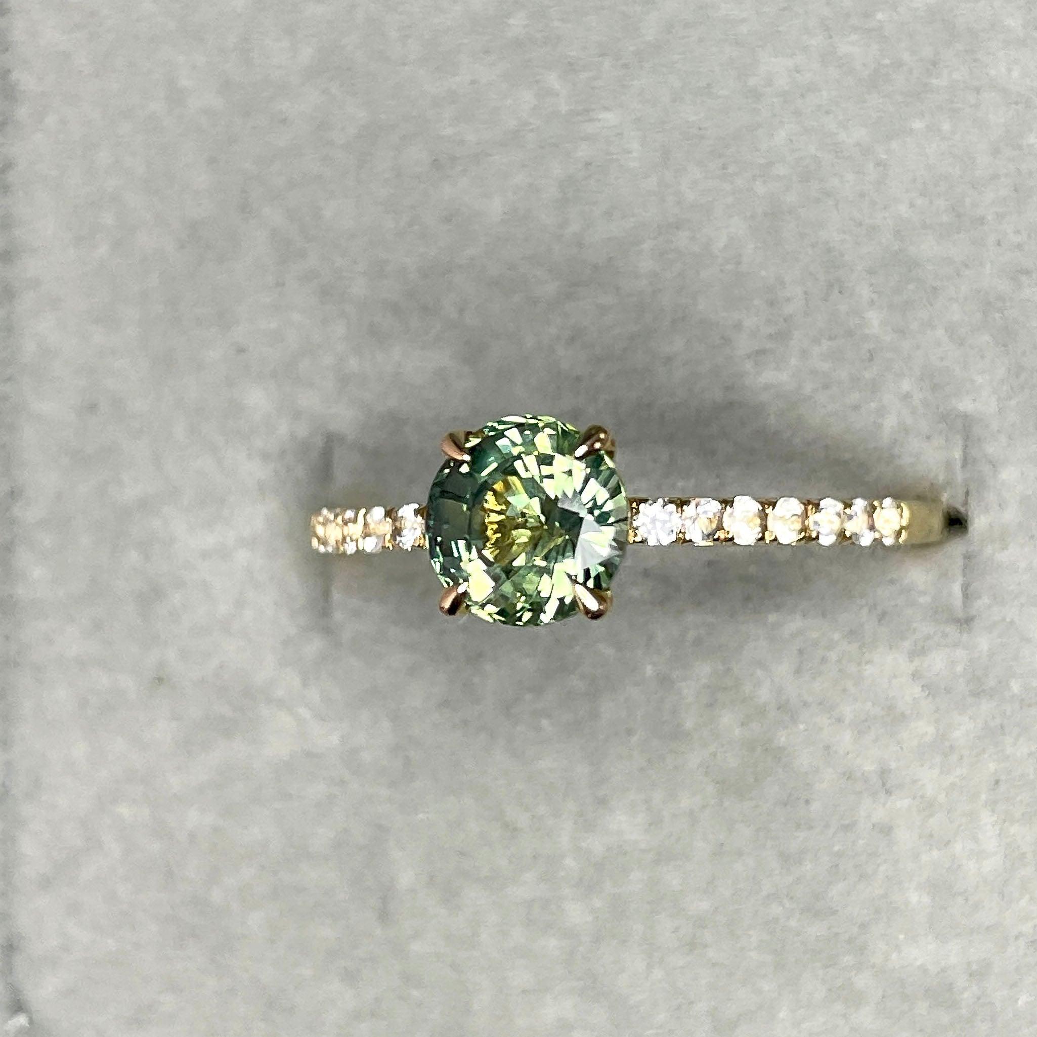 Round Cut Teal Sapphire Engagement Ring, Yellow Gold Peacock Sapphire hidden halo Ring, Teal Sapphire Wedding Ring - NASHGEMS