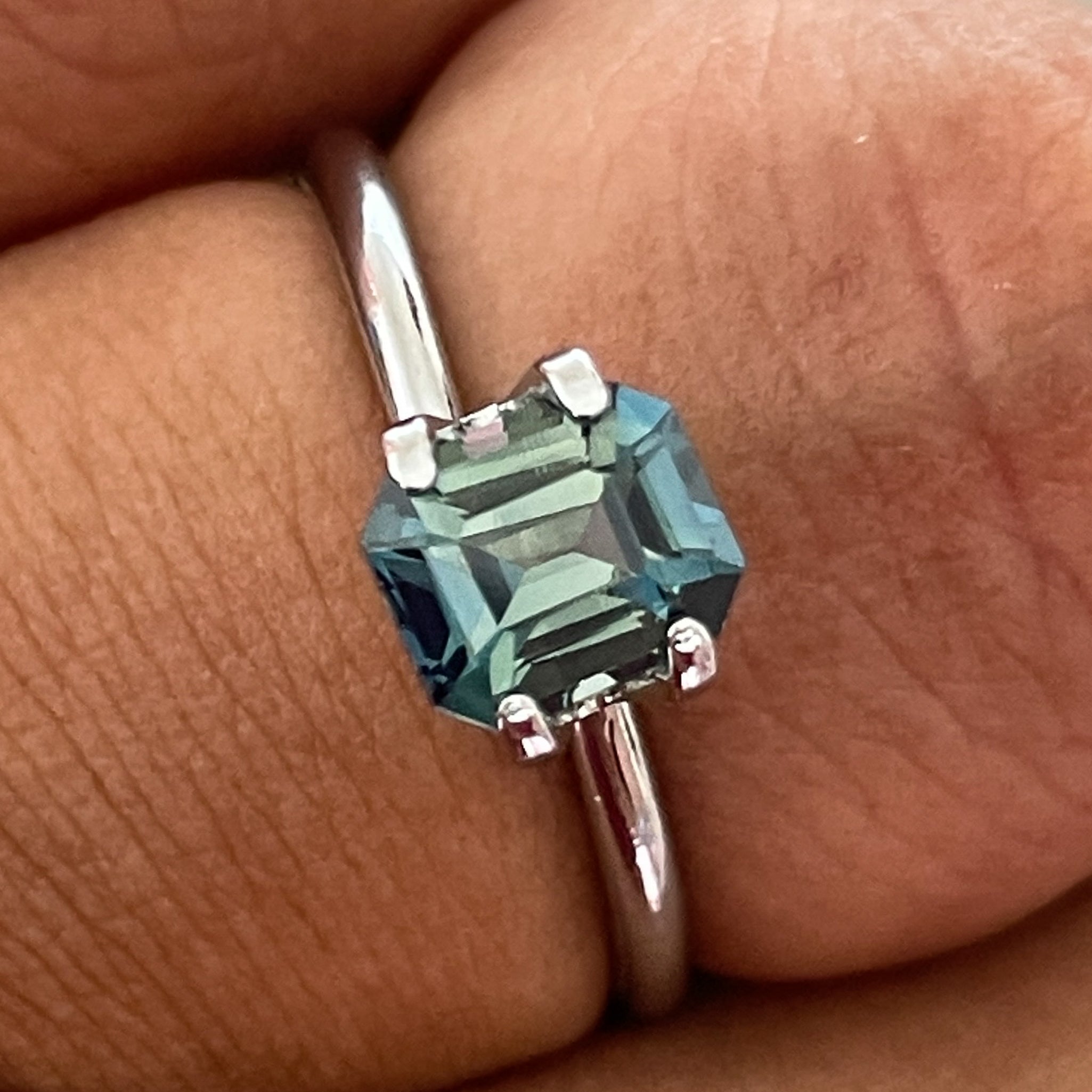 Natural teal blue-green bi-color sapphire, 1.38 Ct emerald cut, loose no-heat sapphire by NASHGEMS for engagement rings