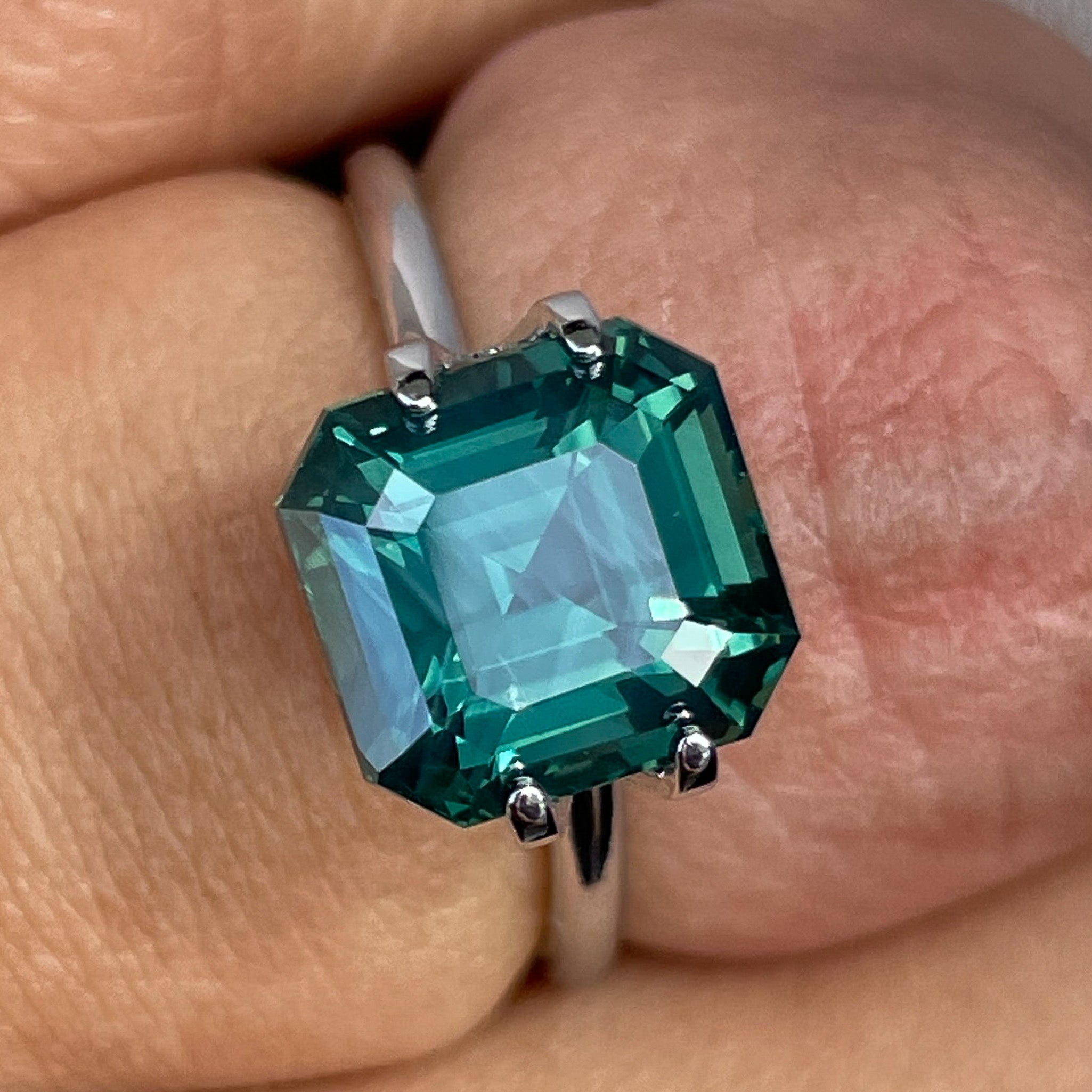 Natural green sapphire 5.08 Ct Asscher cut by NASHGEMS, teal color, loose gemstone for engagement or custom jewelry.