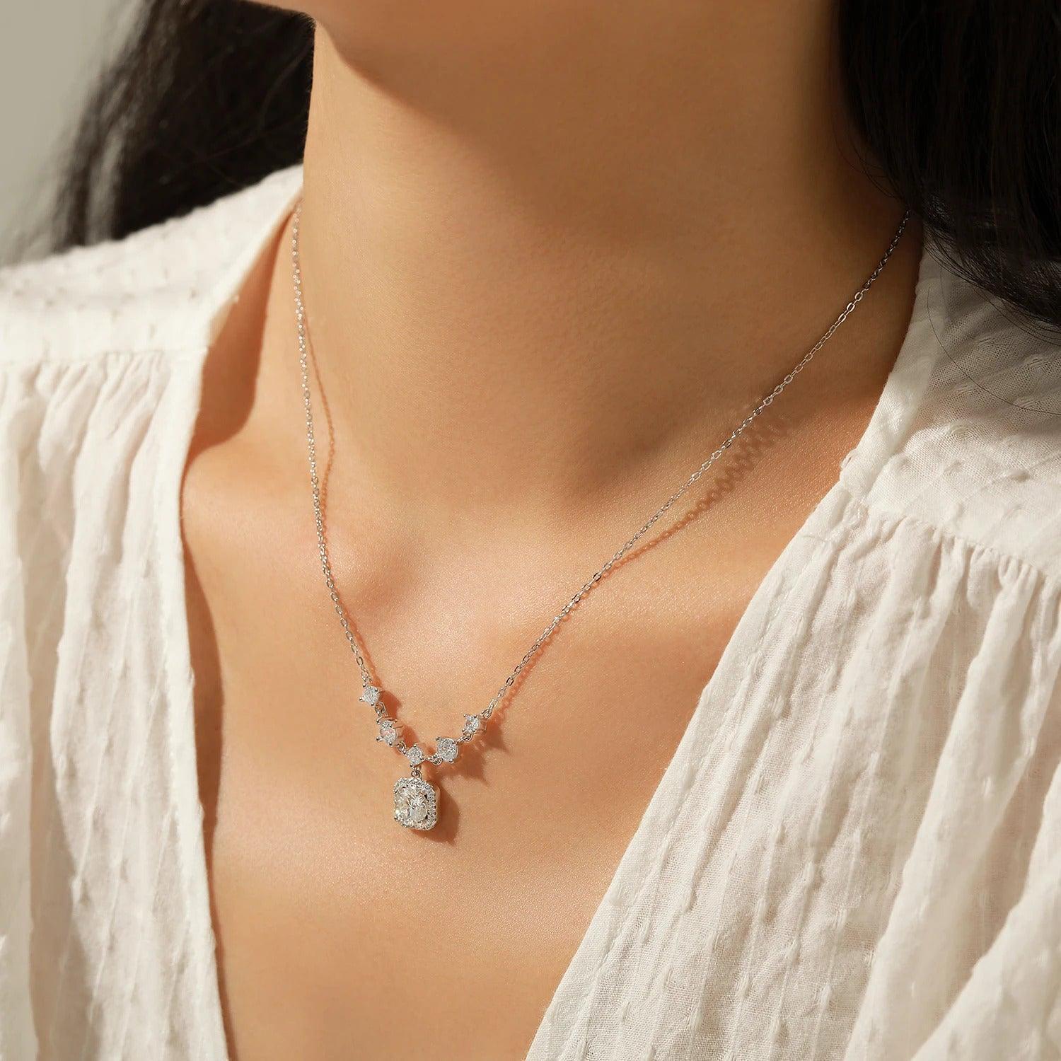 Moissanite Halo Pendant Necklace – 925 Sterling Silver, 1CT D Color, Luxury Jewelry for Women - NASHGEMS