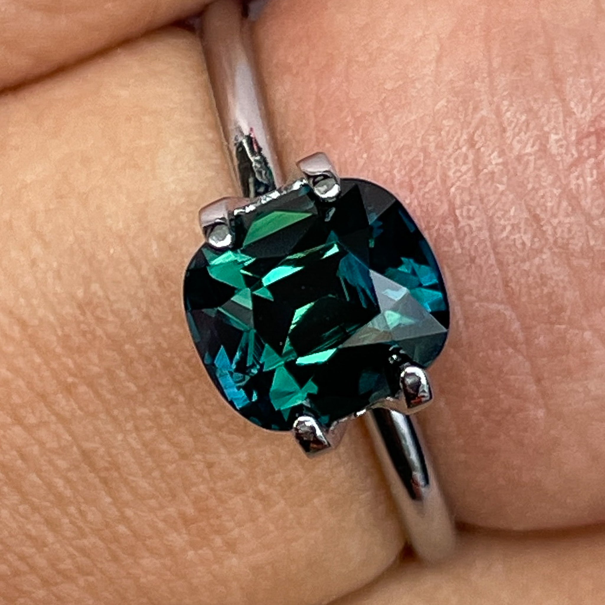 Teal forest green sapphire loose cushion cut 2.56 Ct, heat-treated gemstone by NASHGEMS for engagement or custom jewelry.