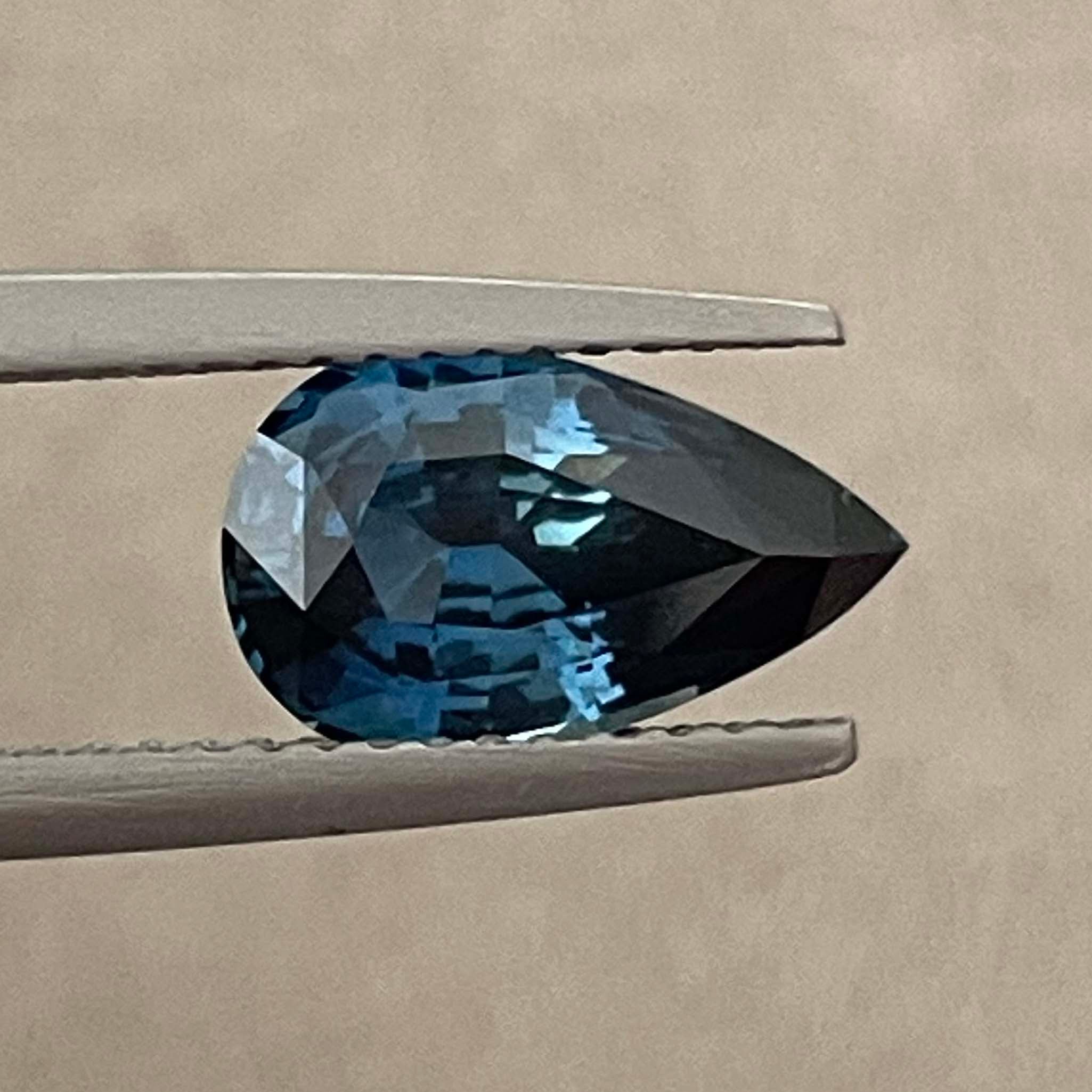 Teal blue green sapphire pear drop cut gemstone, 2.15 carats, loose oval sapphire for engagement, wedding rings, or jewelry gifts.