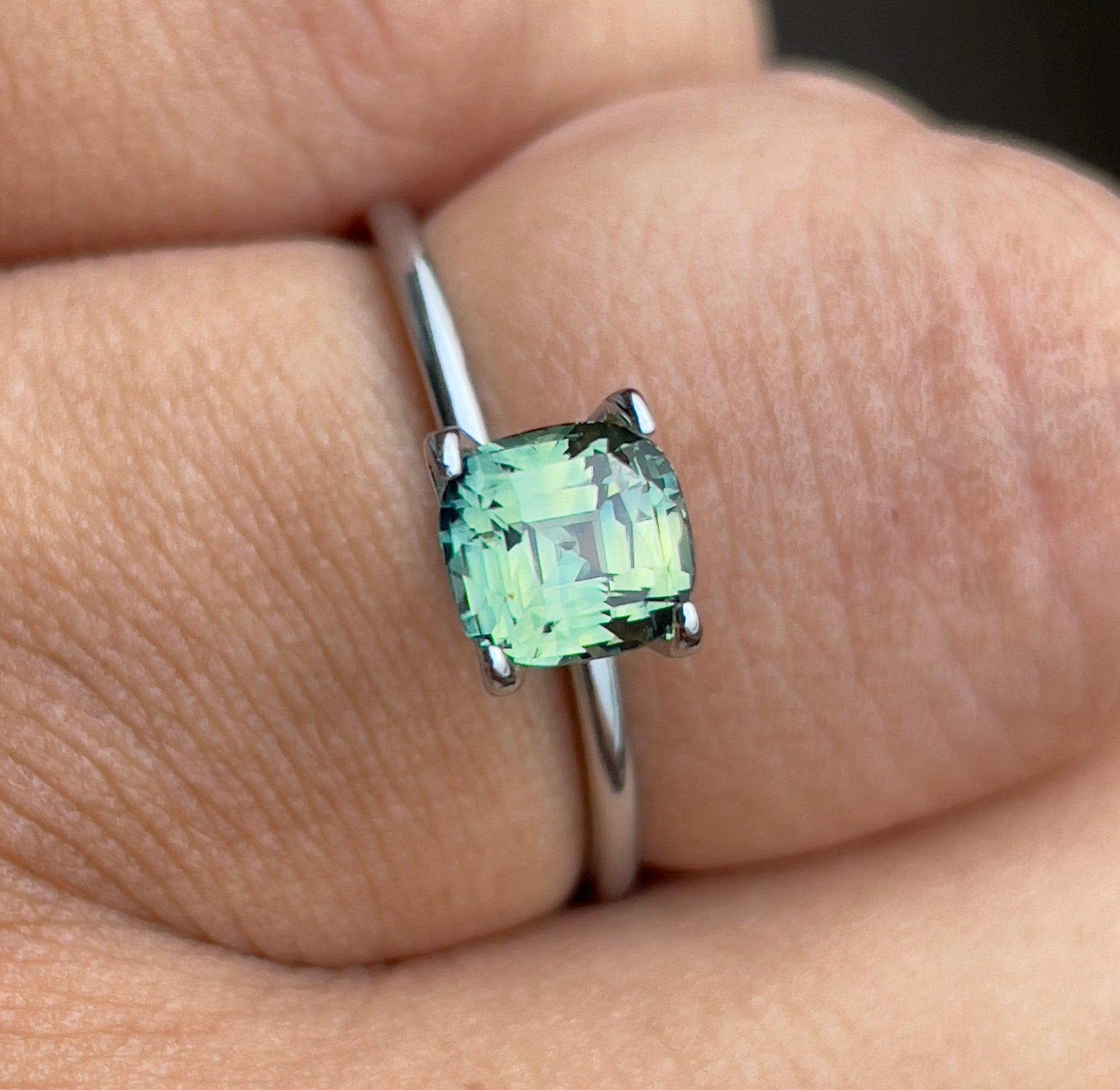 teal blue green parti sapphire cushion cut gem 